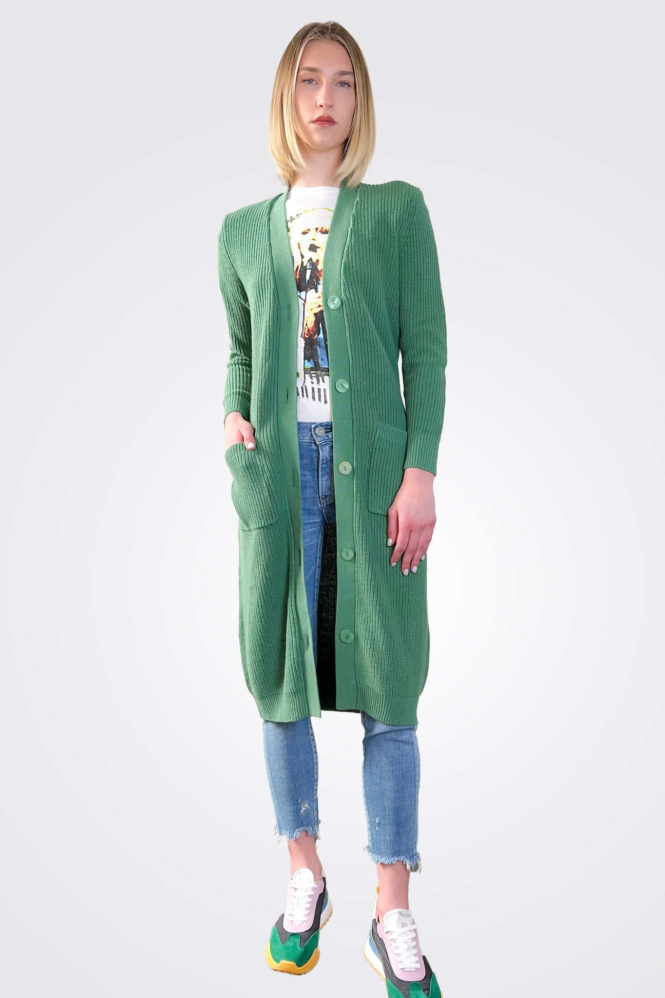 Cotton Cashmere Belted Ribbed Cardigan - Golf Green by Minnie Rose — alternate view