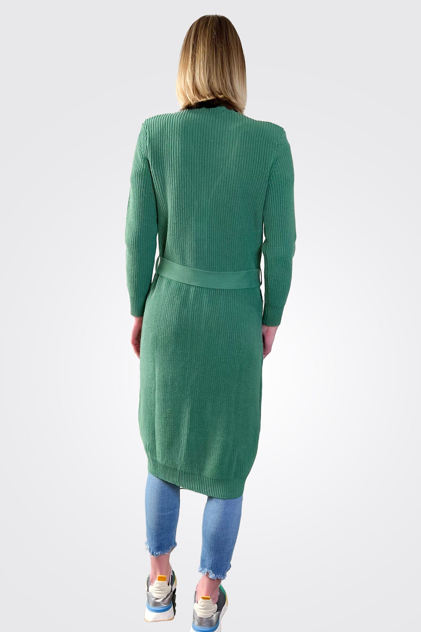 Cotton Cashmere Belted Ribbed Cardigan - Golf Green by Minnie Rose — view 3