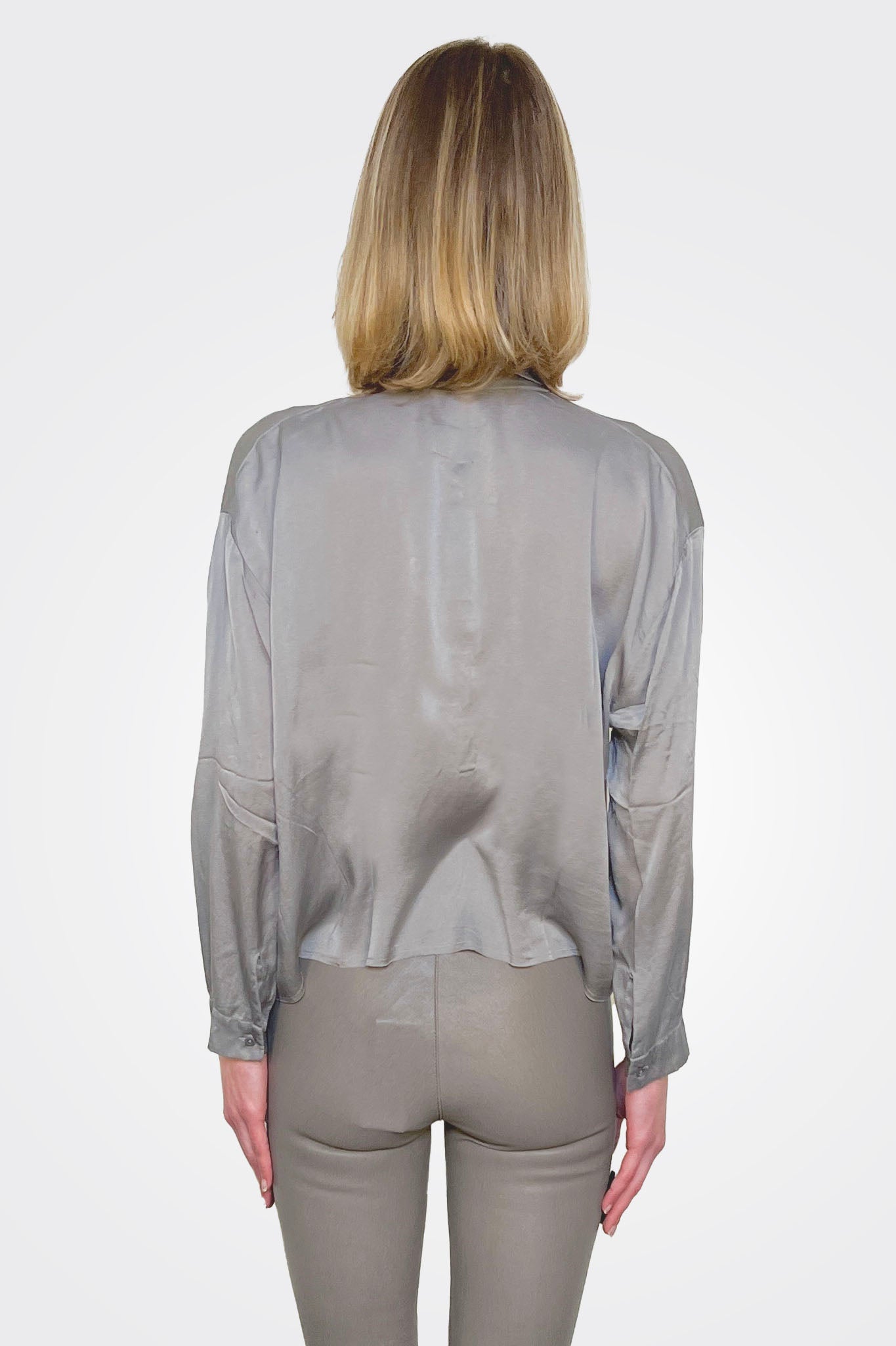 Cropped 3/4 Button Down Silk Blouse - Greige by Private 0204 — alternate view