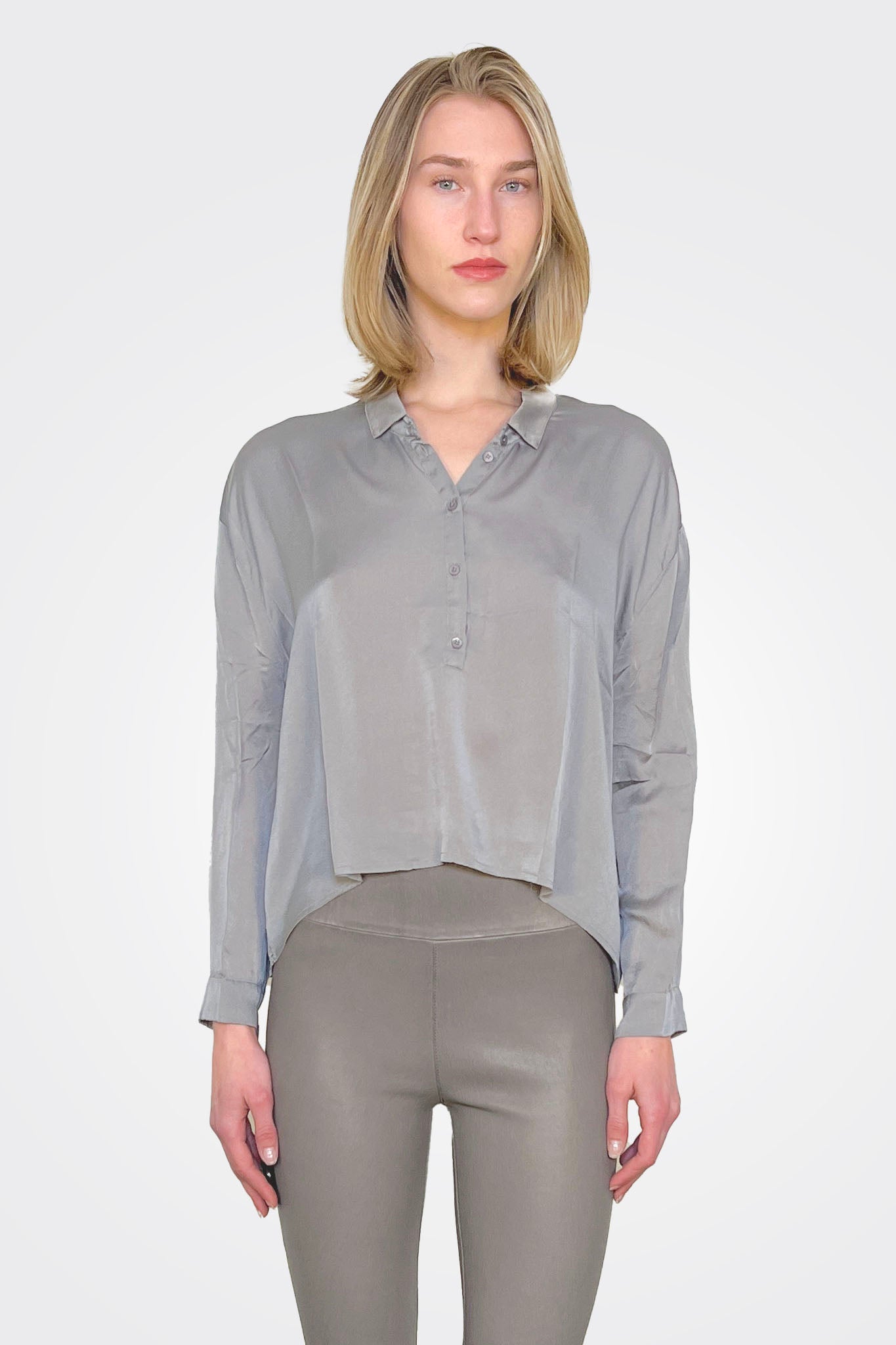 Cropped 3/4 Button Down Silk Blouse - Greige by Private 0204 | 25 South Boutiques
