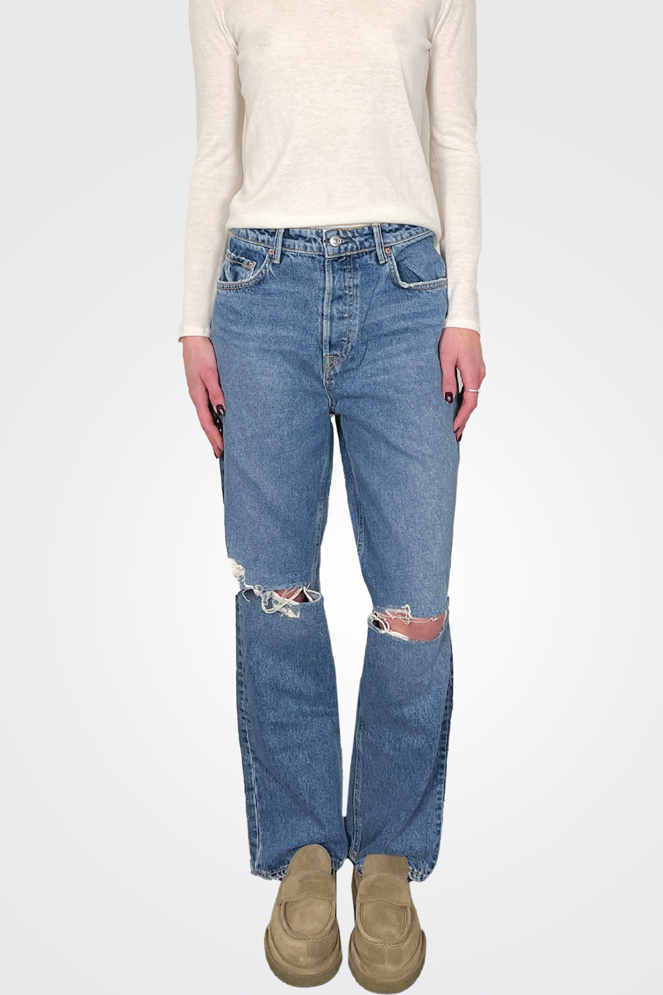 Amanda Mid Rise Distressed Straight Leg Jeans - Blue by Grlfrnd — alternate view