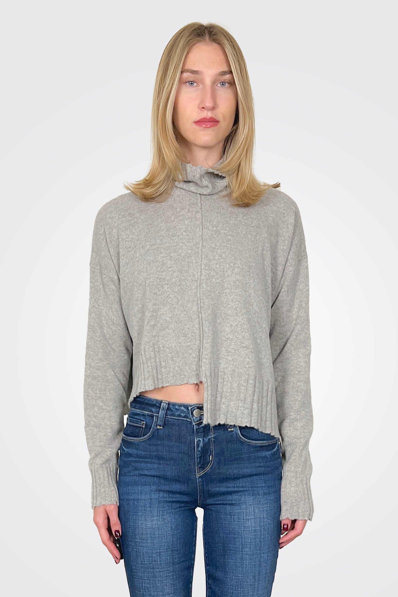 Crop Raw Edge Asym Mockneck Pullover - Grey by Serie Numerica | 25 South Boutiques