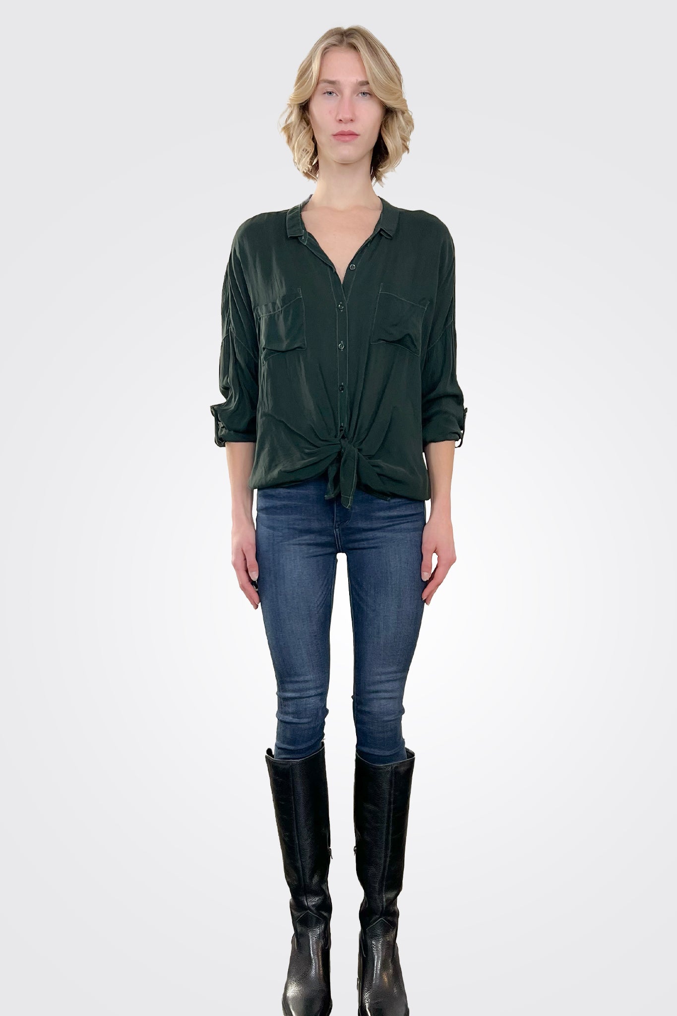Cargo Pocket Tie Front Top - Hunter Green by Maven West — view 3
