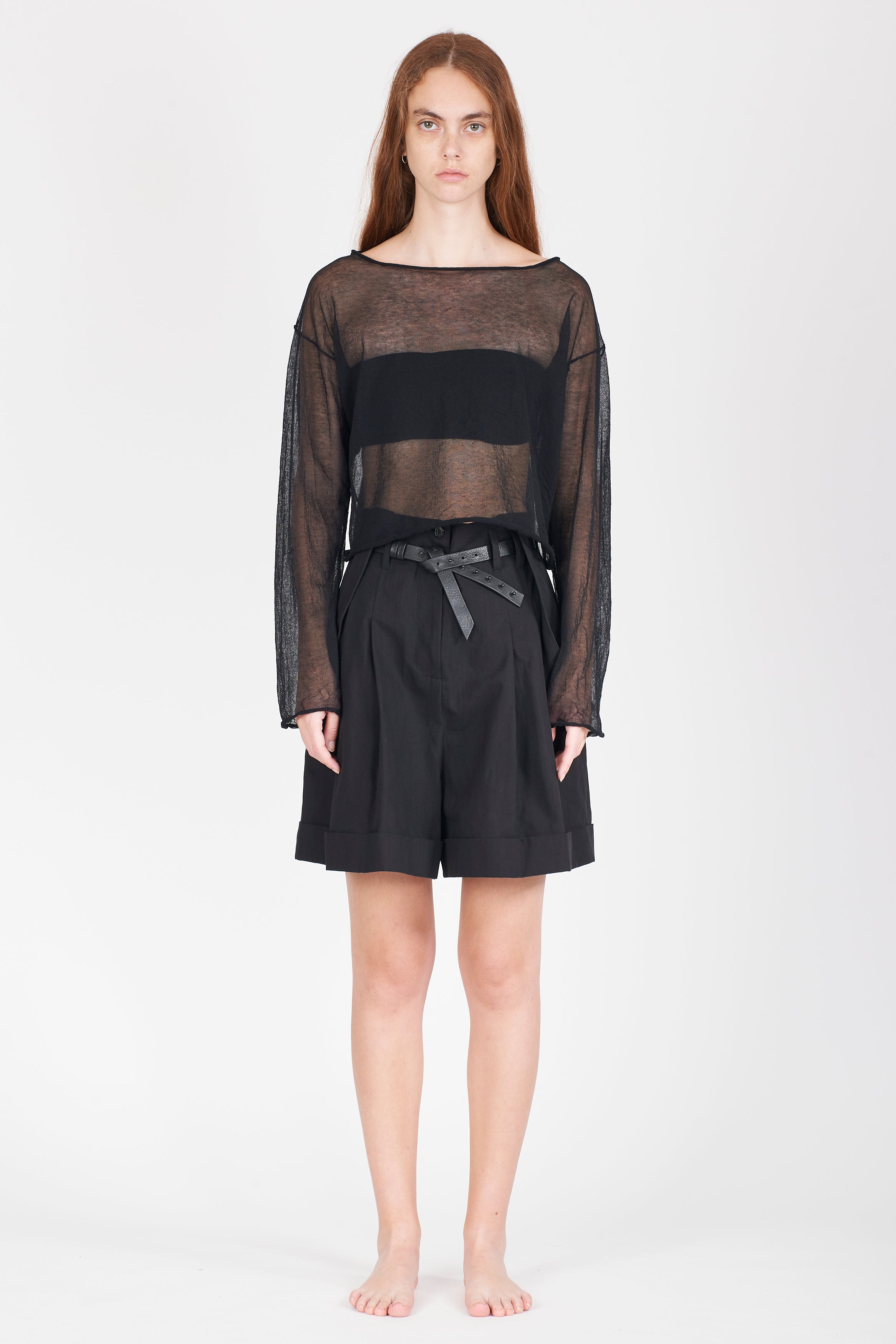 Semi-Sheer Cotton Knit Top - Black by Isabel Benenato — view 6