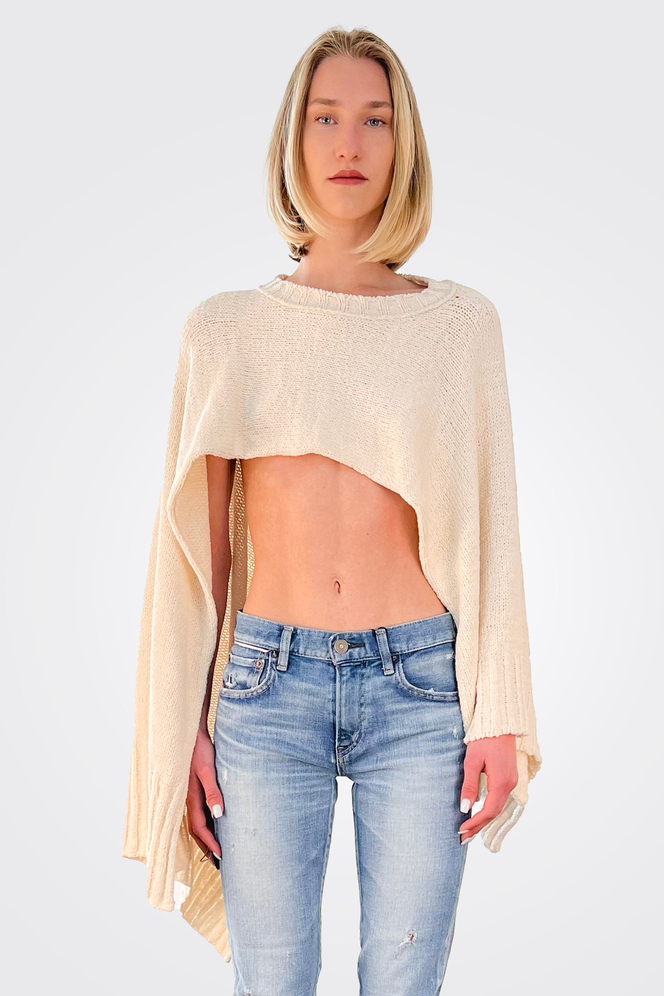 Cropped Cotton Soft Cape - Cream White by Isabel Benenato — view 8