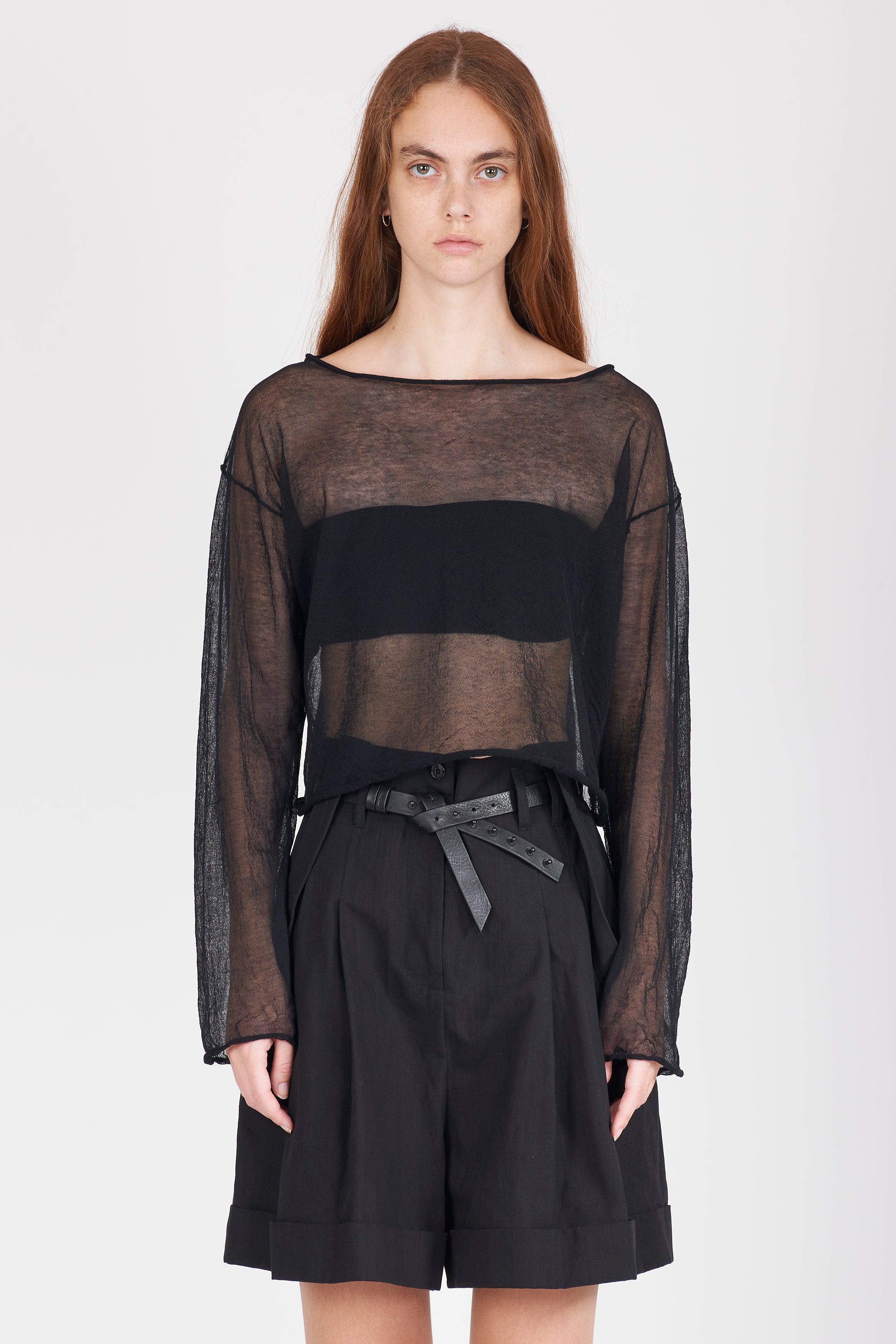 Semi-Sheer Cotton Knit Top - Black by Isabel Benenato — view 4
