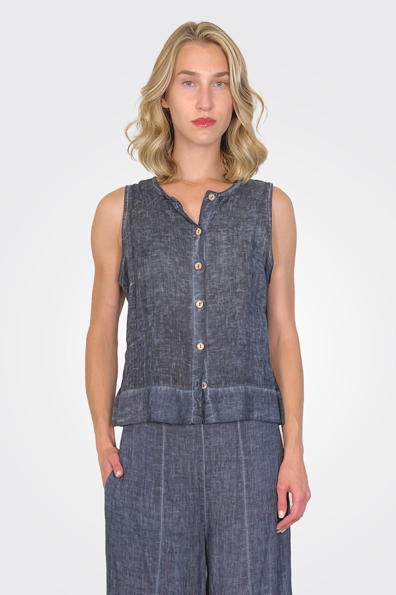 Button Down Sleeveless Top - Navy Textile by Inizio | 25 South Boutiques