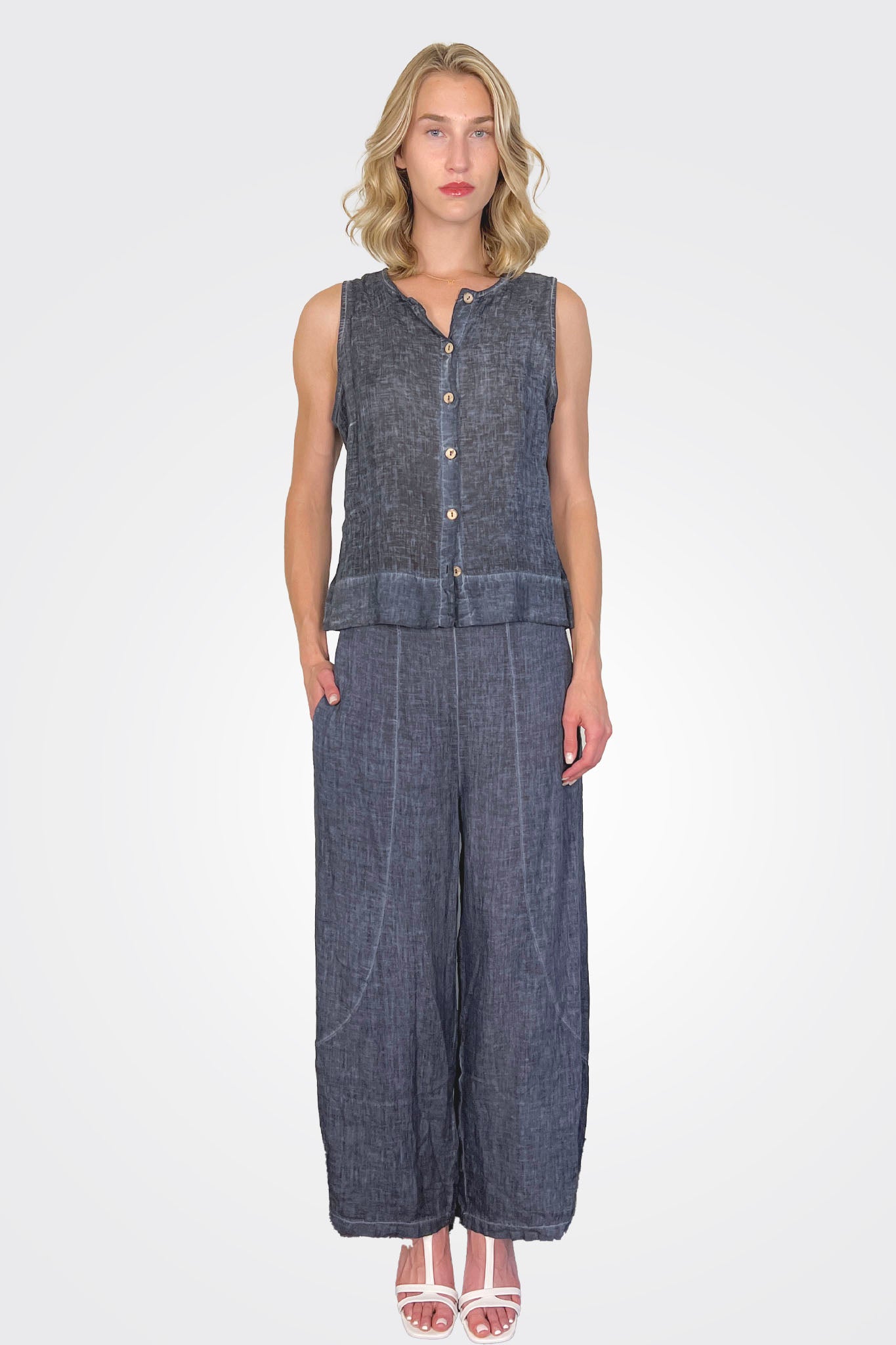 Button Down Sleeveless Top - Navy Textile by Inizio — alternate view