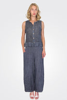Button Down Sleeveless Top - Navy Textile by Inizio — alternate view