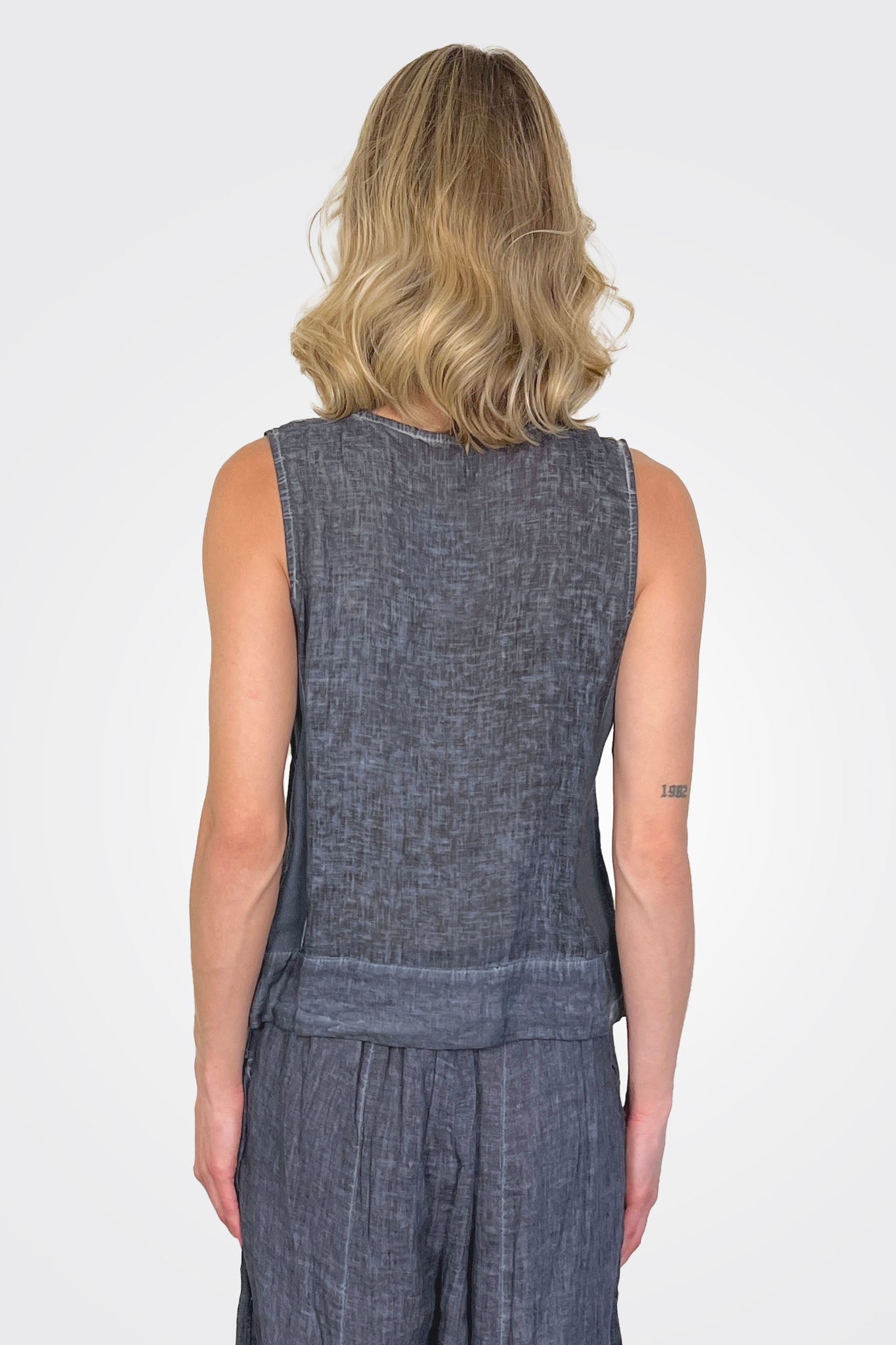 Button Down Sleeveless Top - Navy Textile by Inizio — view 3