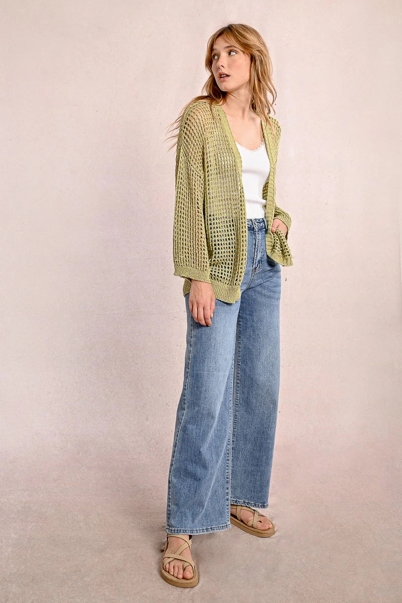 Iridescent Semi Transparent Mesh Cardigan - Lime Green by Molly Bracken — view 4