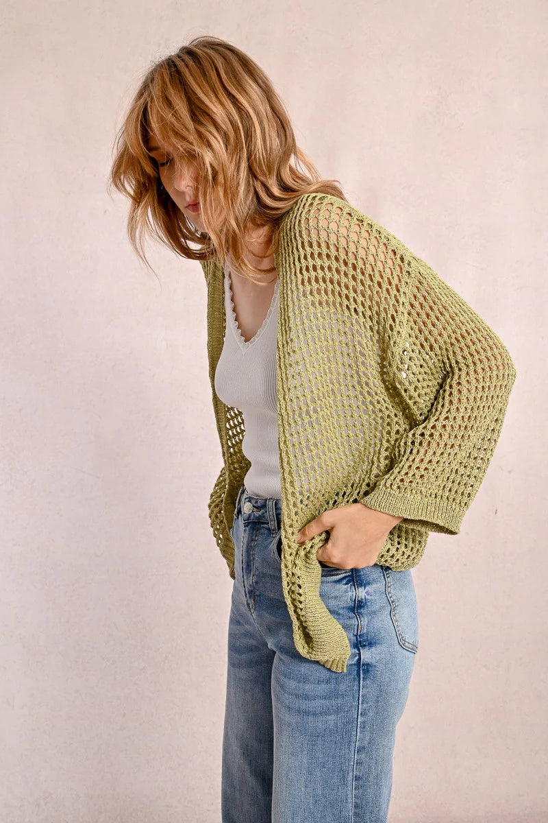 Iridescent Semi Transparent Mesh Cardigan - Lime Green by Molly Bracken — view 3