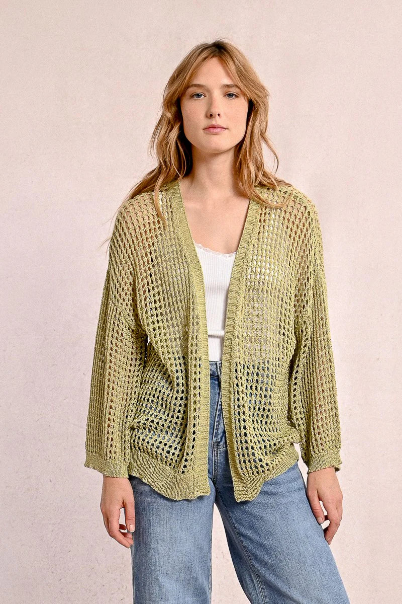 Iridescent Semi Transparent Mesh Cardigan - Lime Green by Molly Bracken | 25 South Boutiques