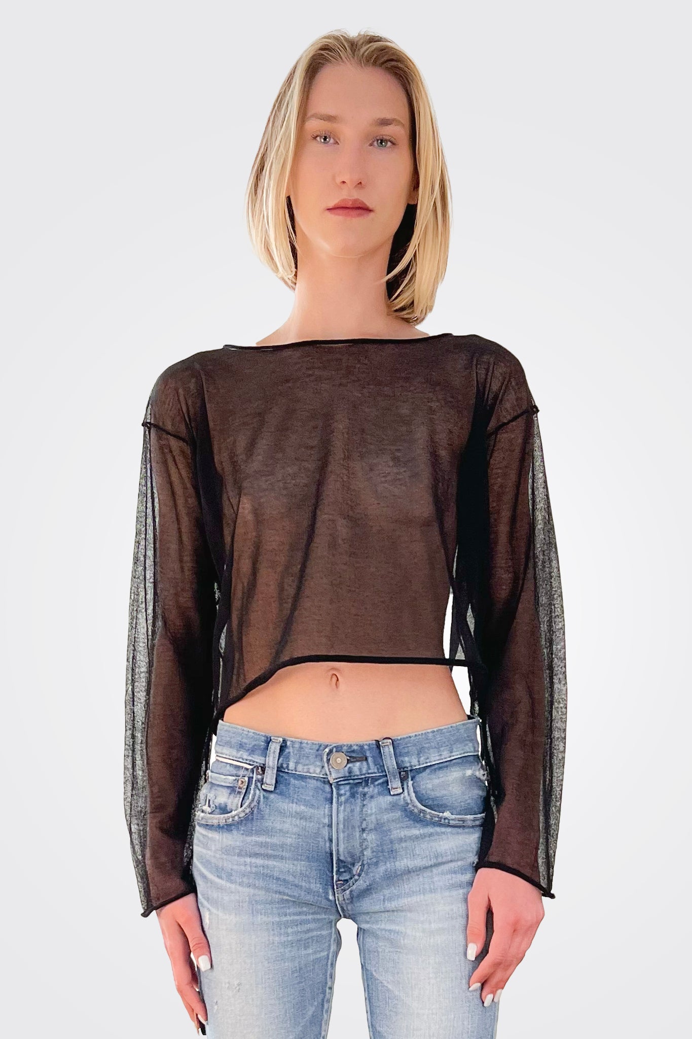 Semi-Sheer Cotton Knit Top - Black by Isabel Benenato — view 7
