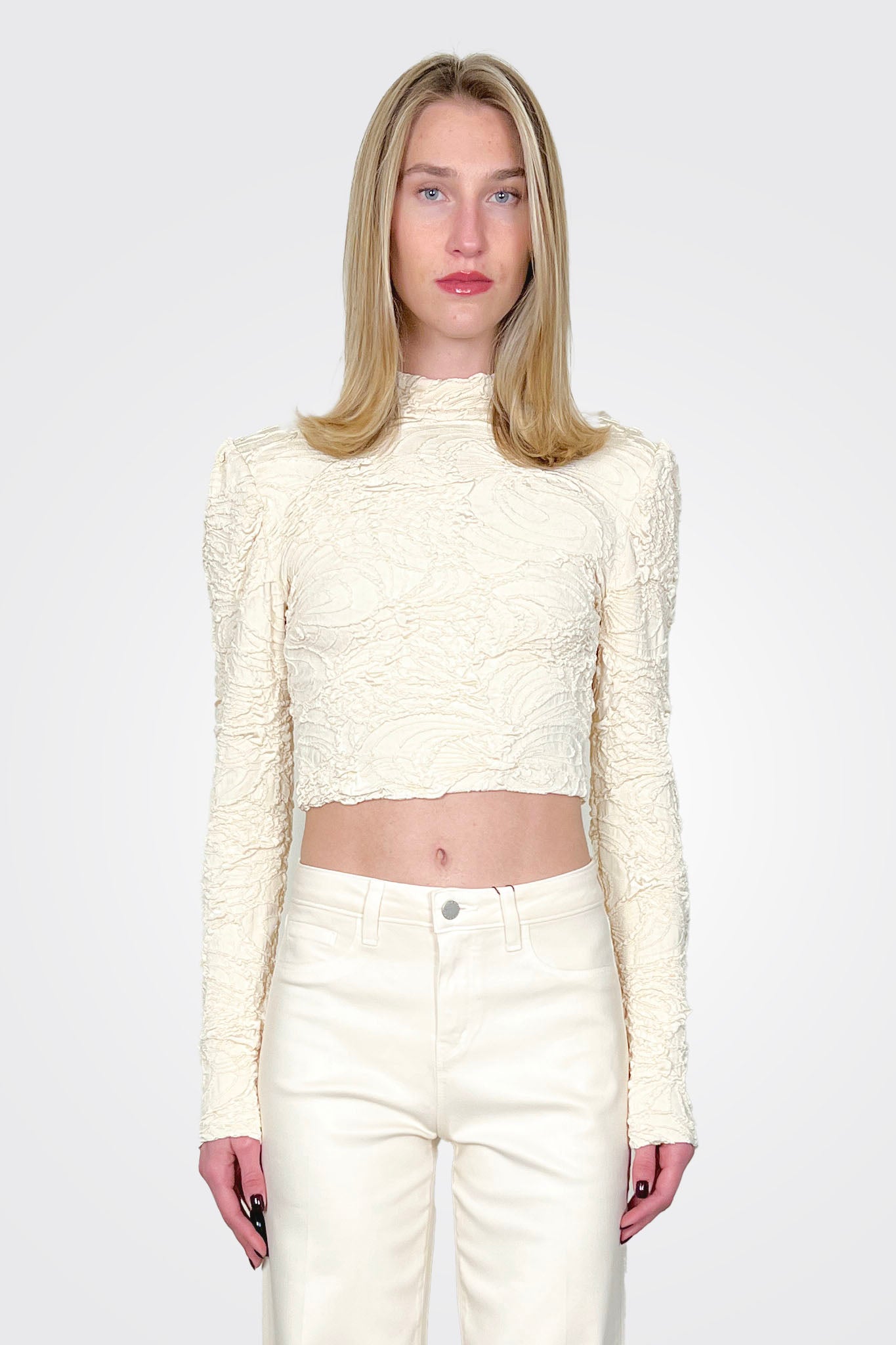 Jacquard Mock Neck Cropped Top - Bone by PatBo | 25 South Boutiques