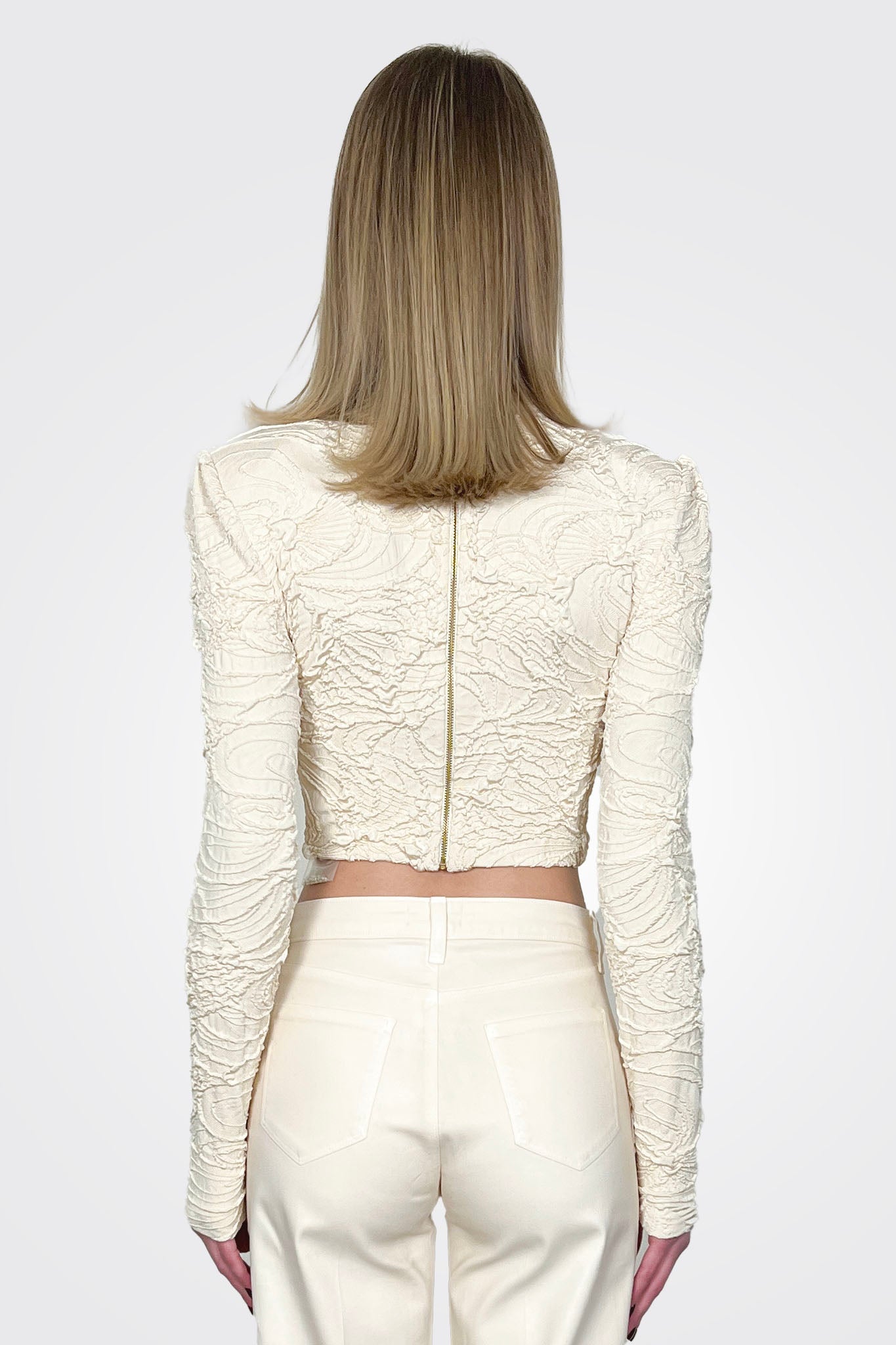 Jacquard Mock Neck Cropped Top - Bone by PatBo — alternate view