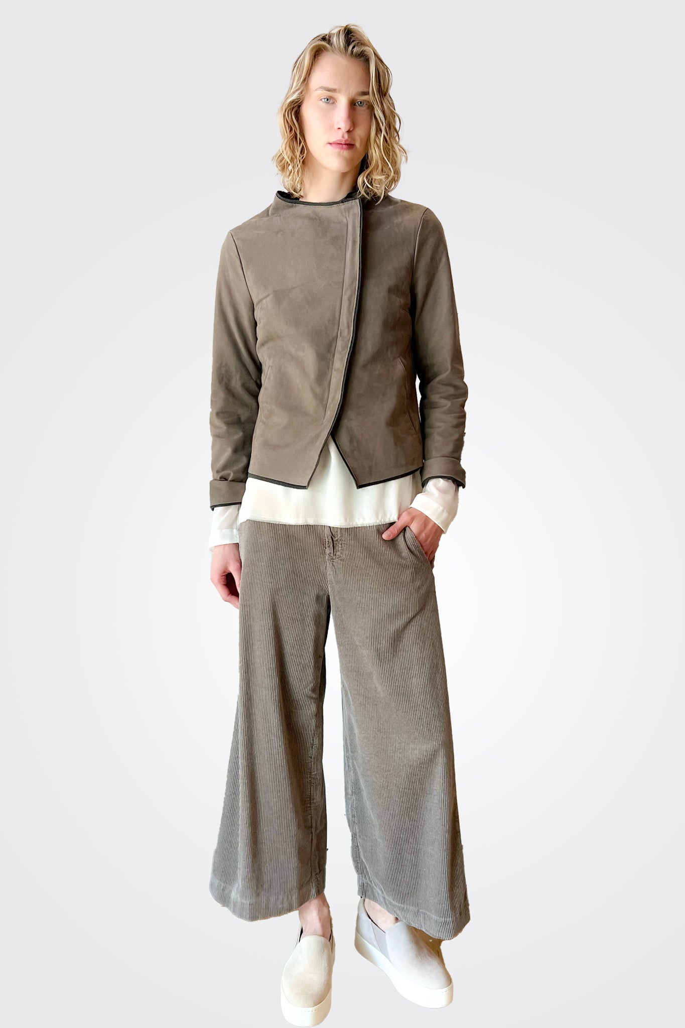 Short Zipped Waxed Leather Lined Jacket - Taupe by Transit Par-Such — view 4