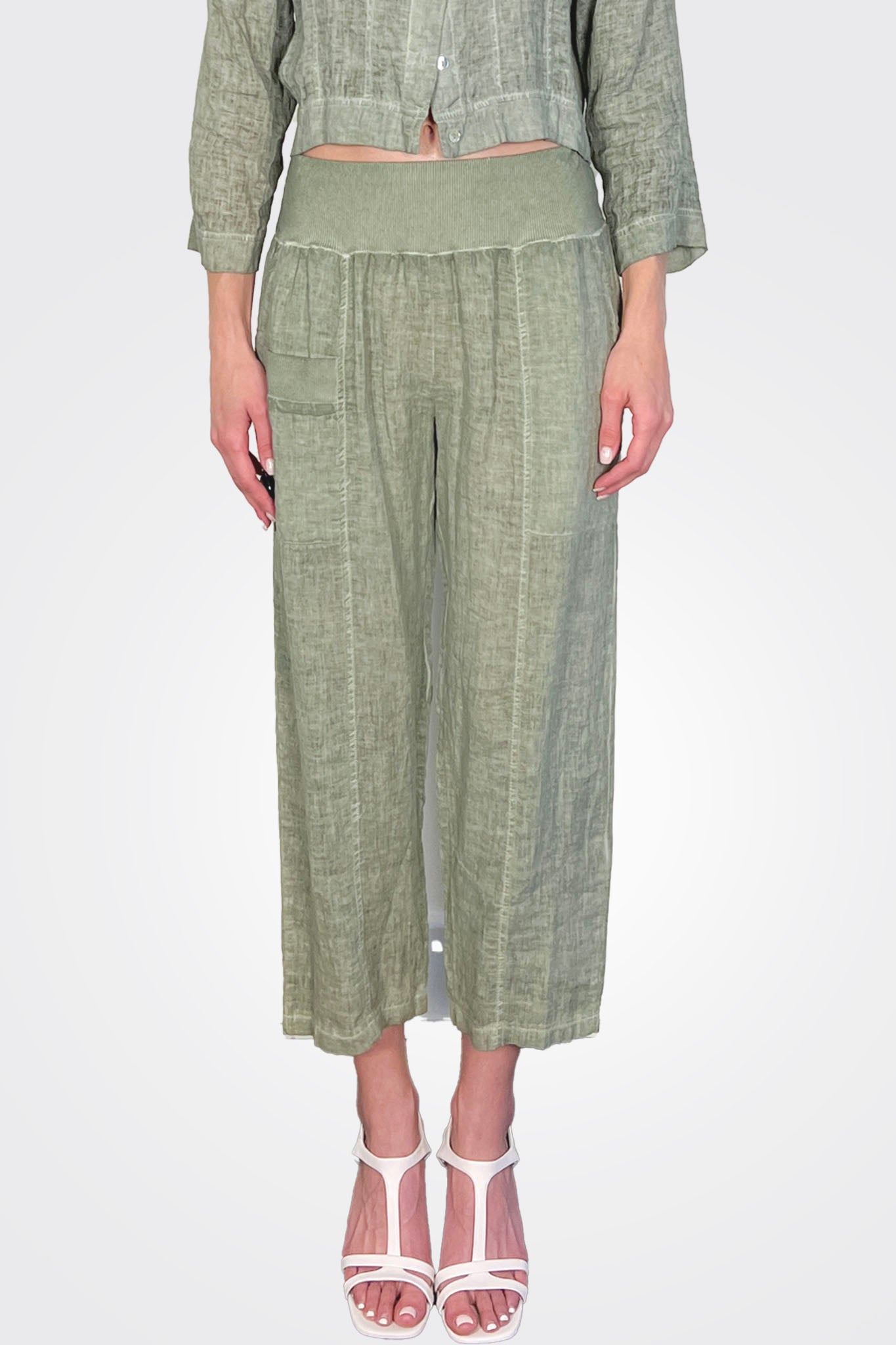 Cropped Elastic Waist Pants - Cactus by Inizio — alternate view