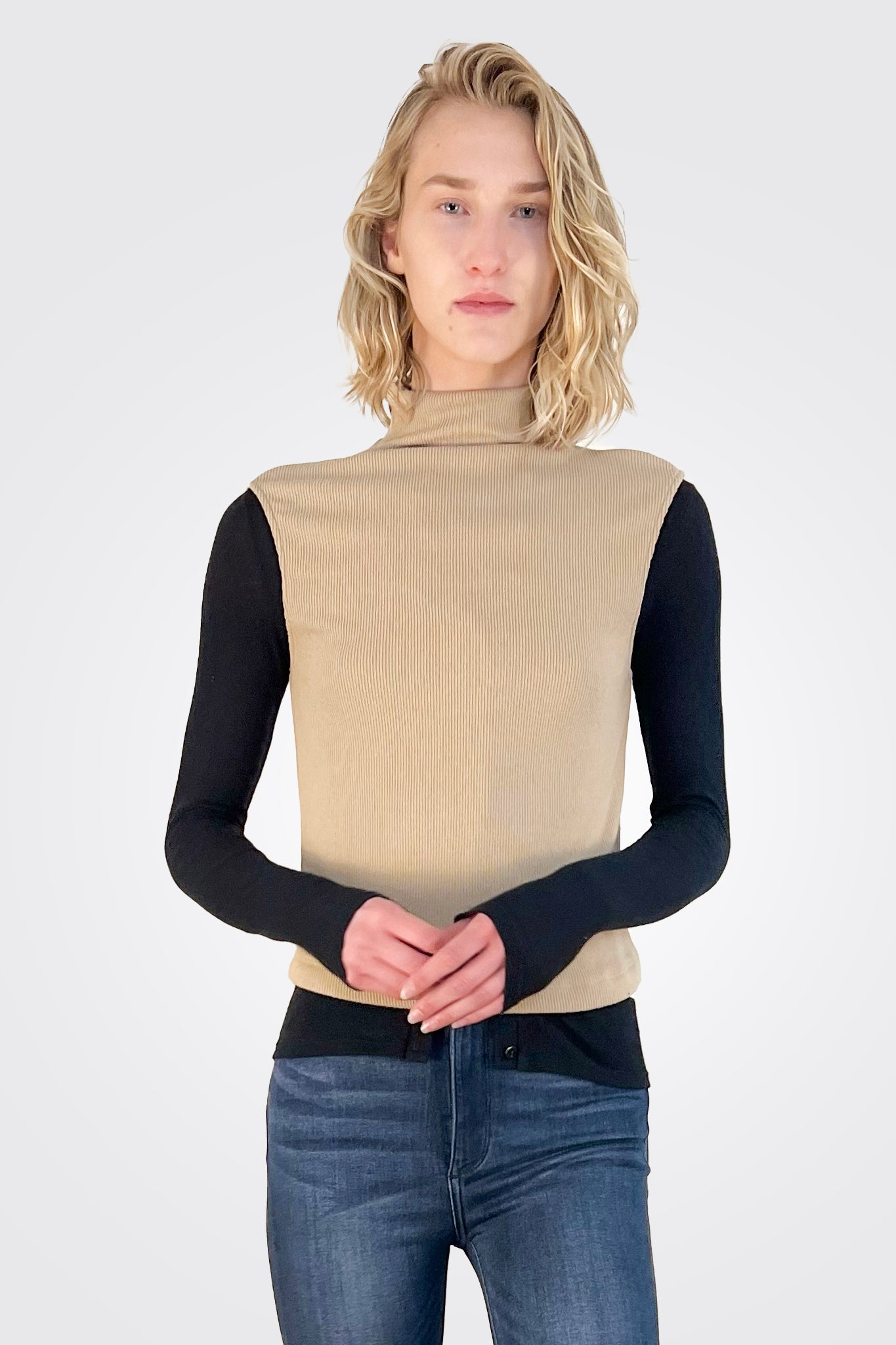 Sleeveless Knit Turtleneck Top - Khaki by Enza Costa — view 3