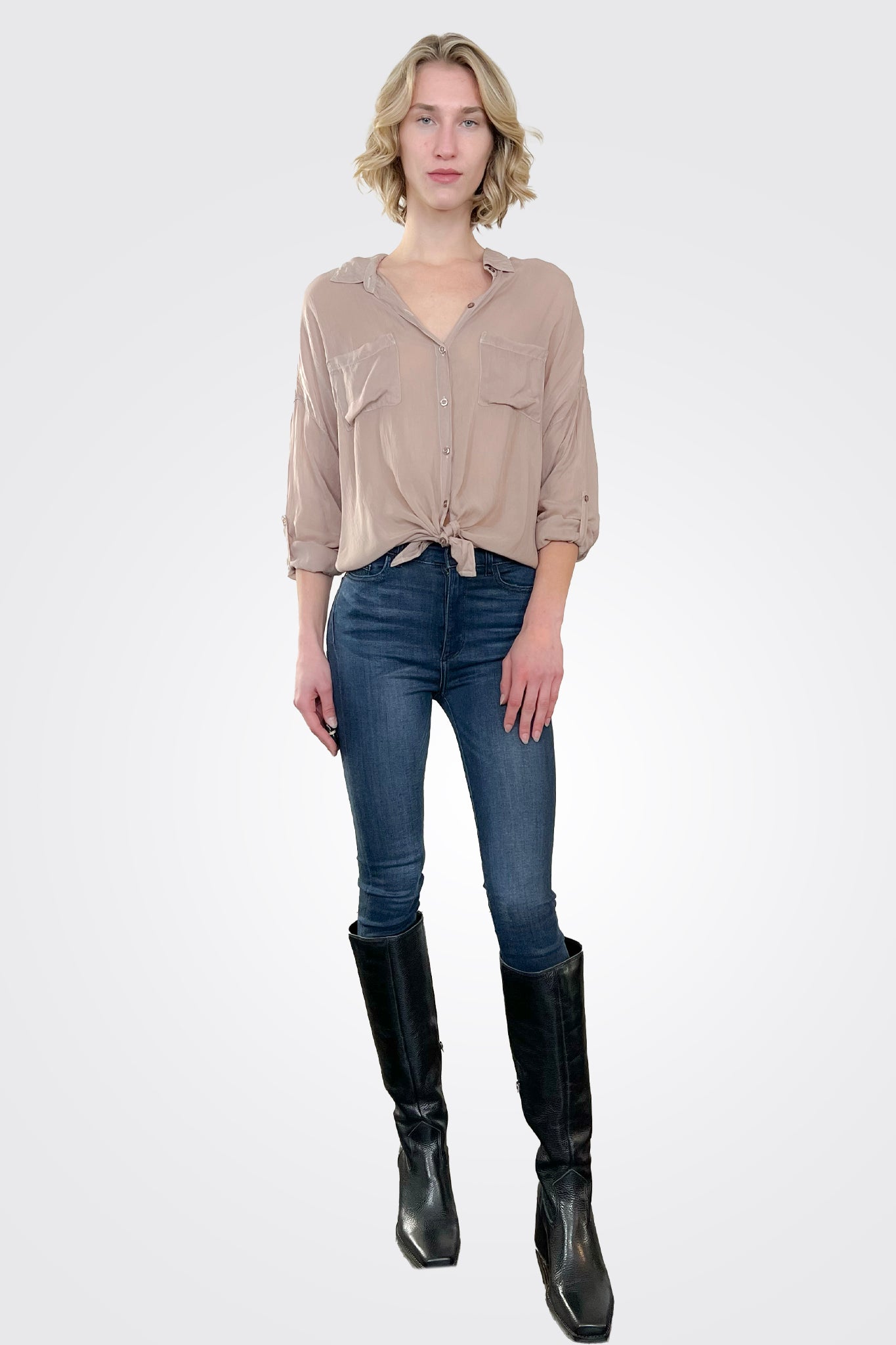 Cargo Pocket Tie Front Top - Khaki by Maven West — view 3