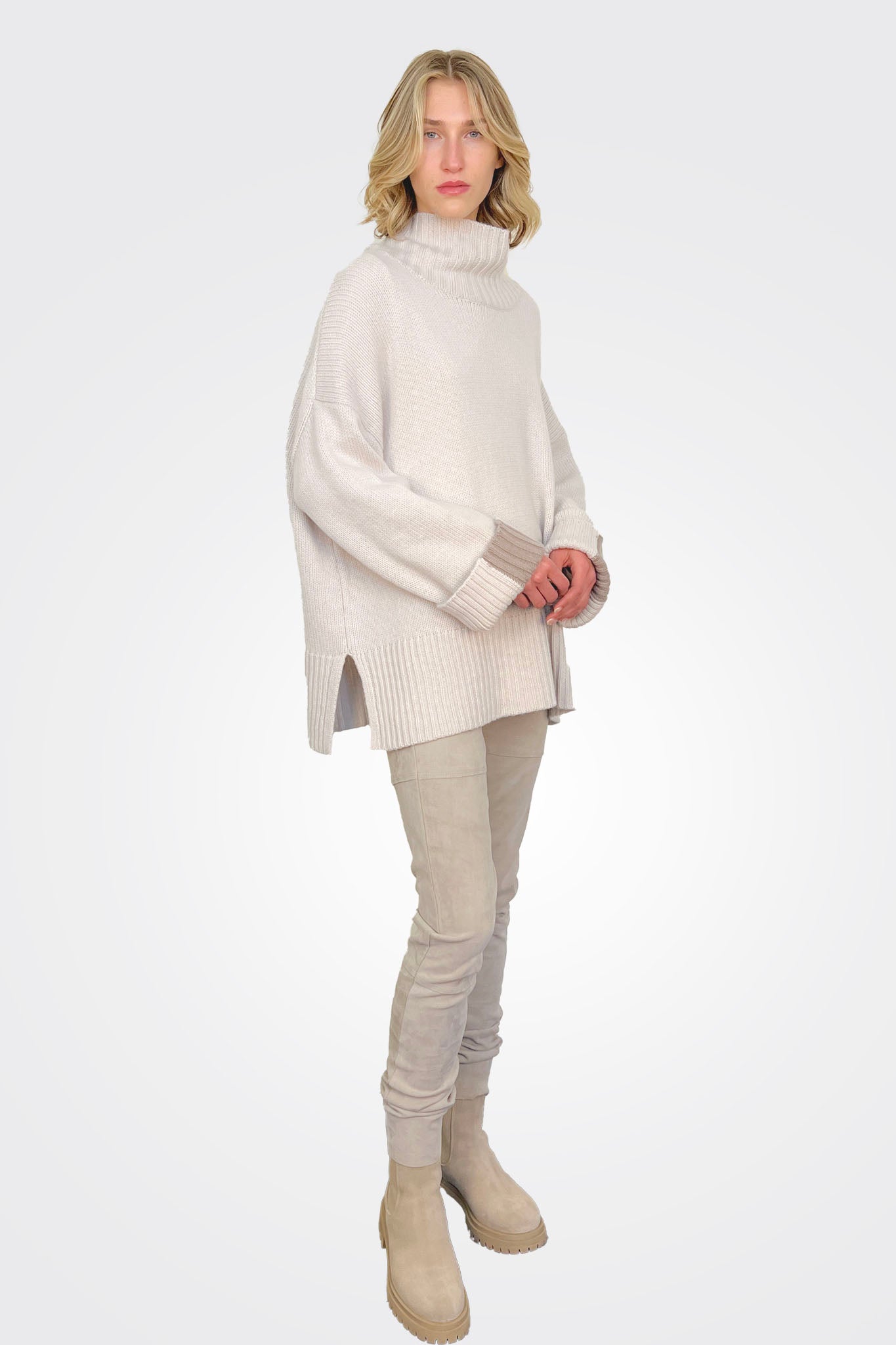 Cashmere Roll Neck Color Block Sweater - Chalk by Kristensen — view 3