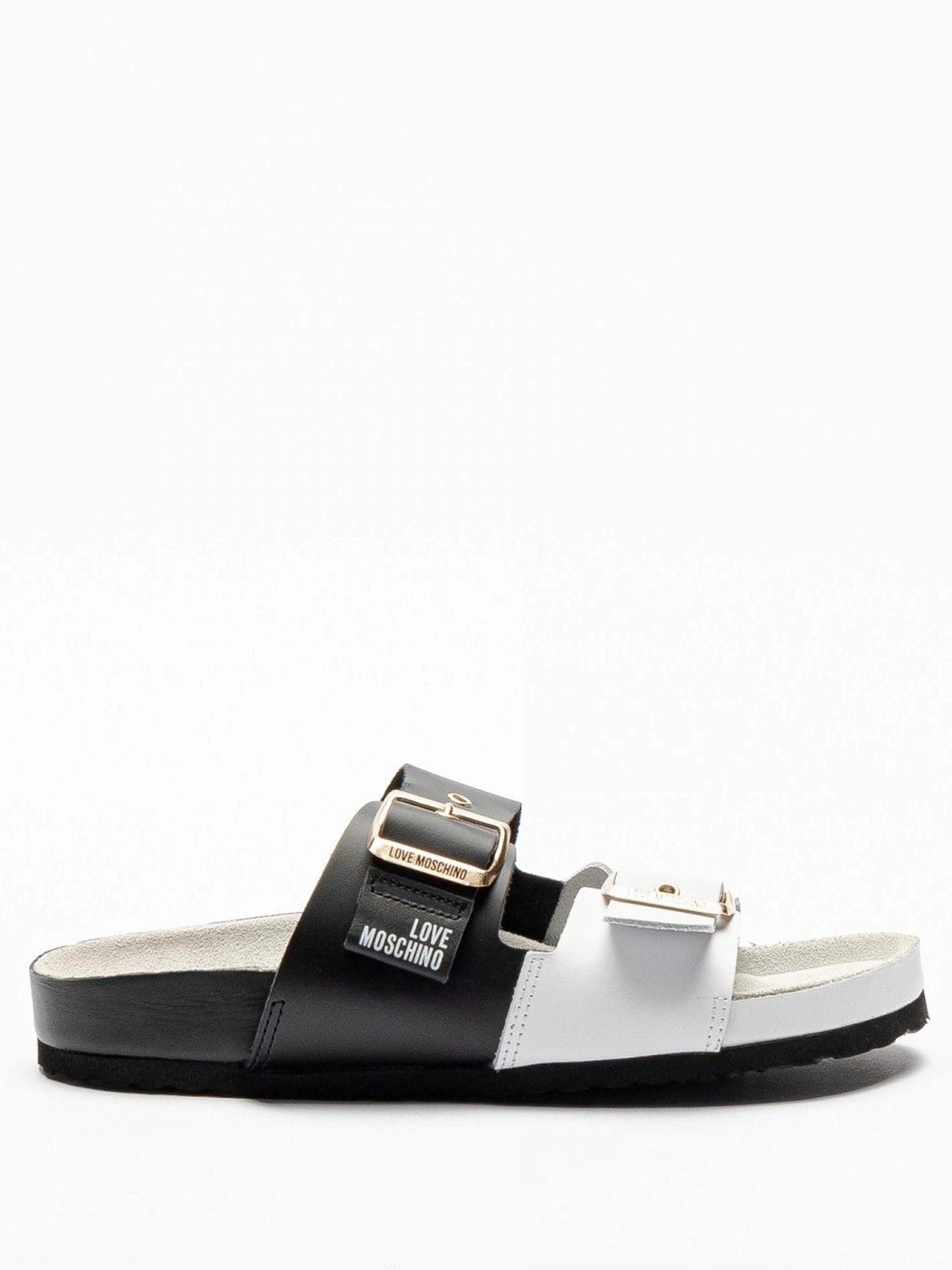 Logo Buckle Slides - Black / White by Love Moschino | 25 South Boutiques