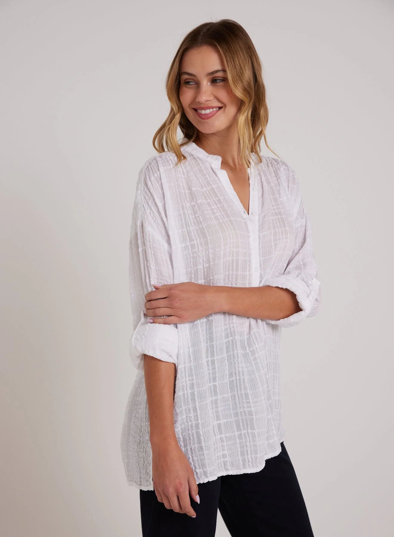 Long Sleeve Shirred Pullover - White by Bella Dahl — alternate view