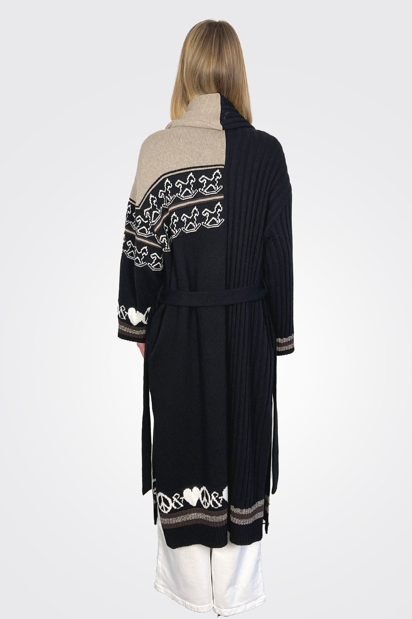 Peace Love Long Knit Jacket - Black Multi by Moschino — view 3