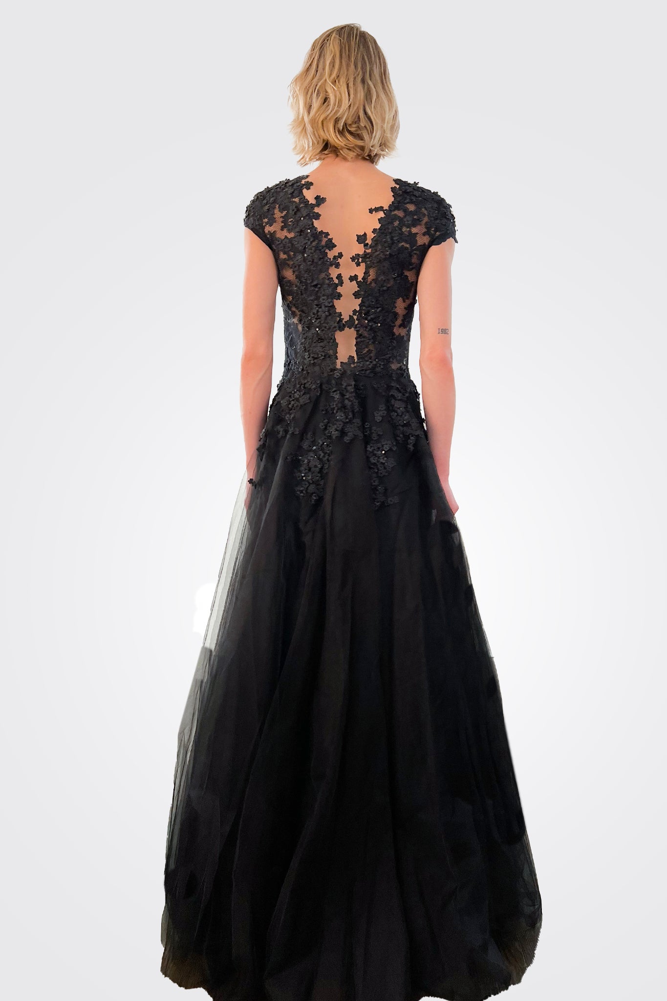 Sleeve Lace Plunging Neckline Gown - Black by Olvi's — view 4