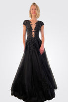Sleeve Lace Plunging Neckline Gown - Black by Olvi's — view 3
