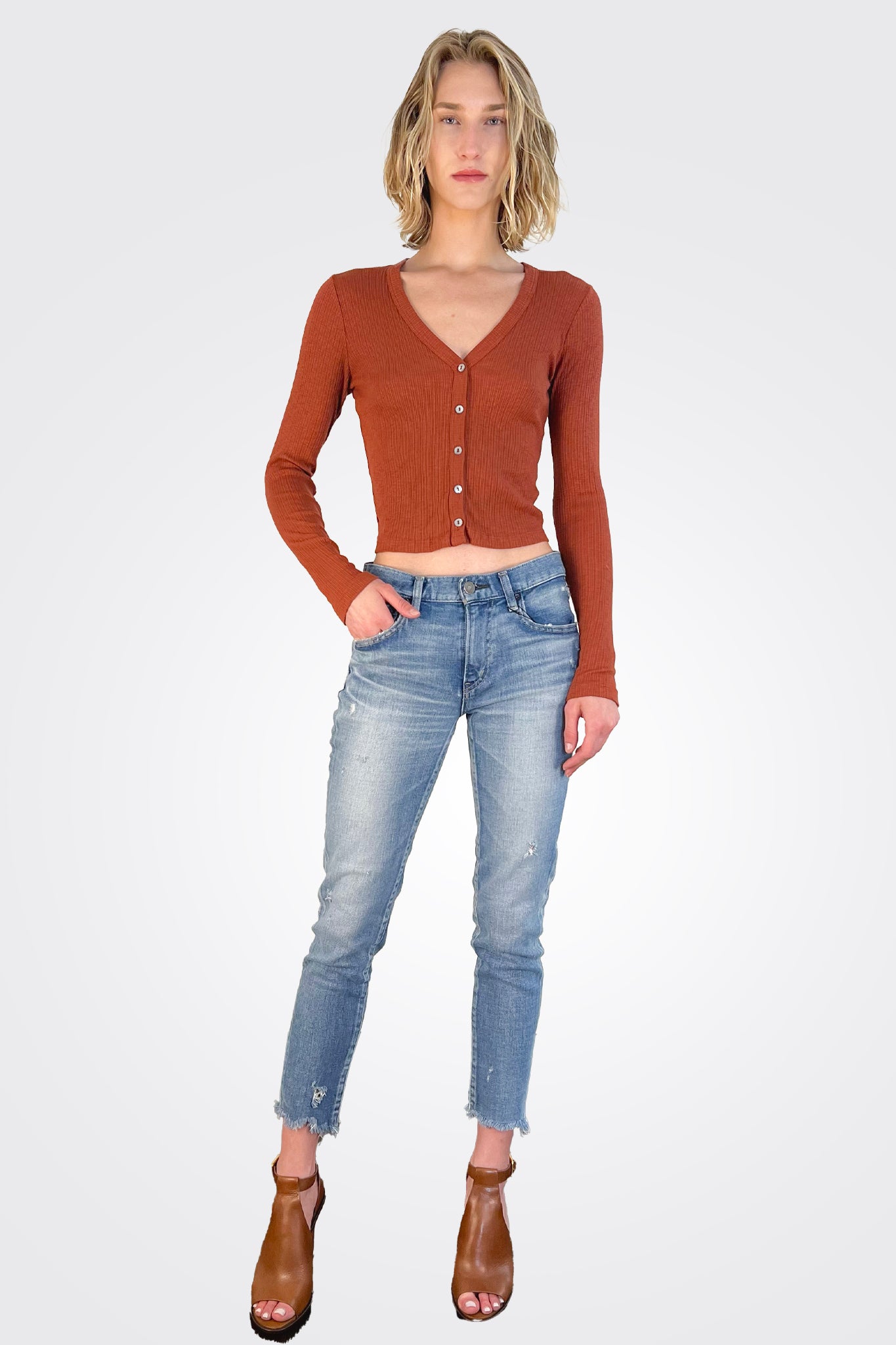 Lyla Ribbed Cardigan - Pecan by Michael Stars — view 3