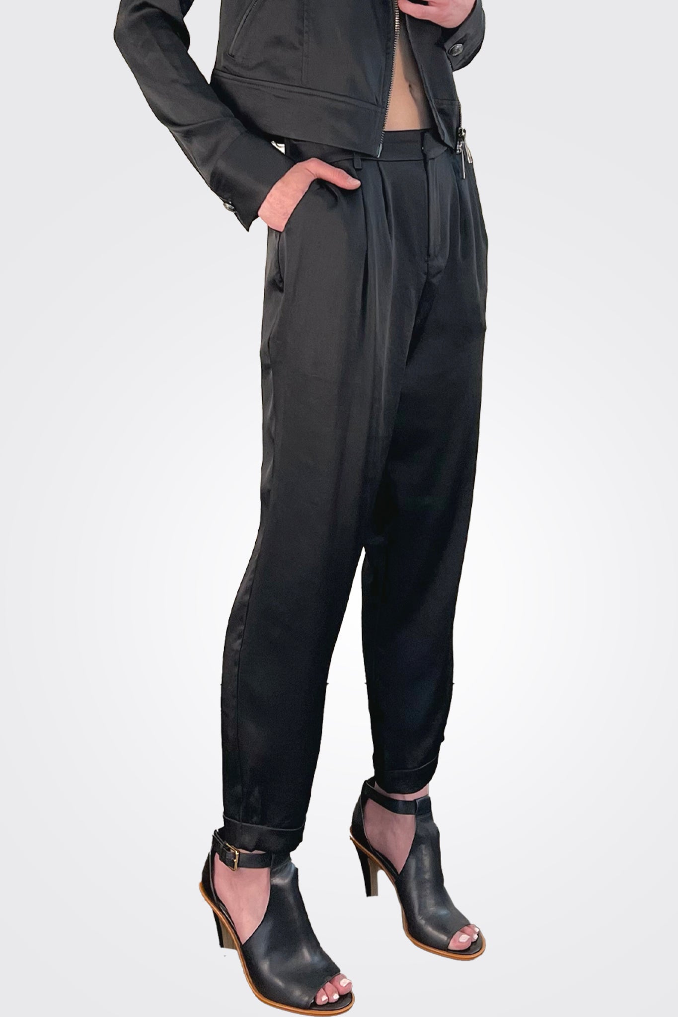 Madelyn Cuffed Crop Satin Pants - Black by Ramy Brook — view 5