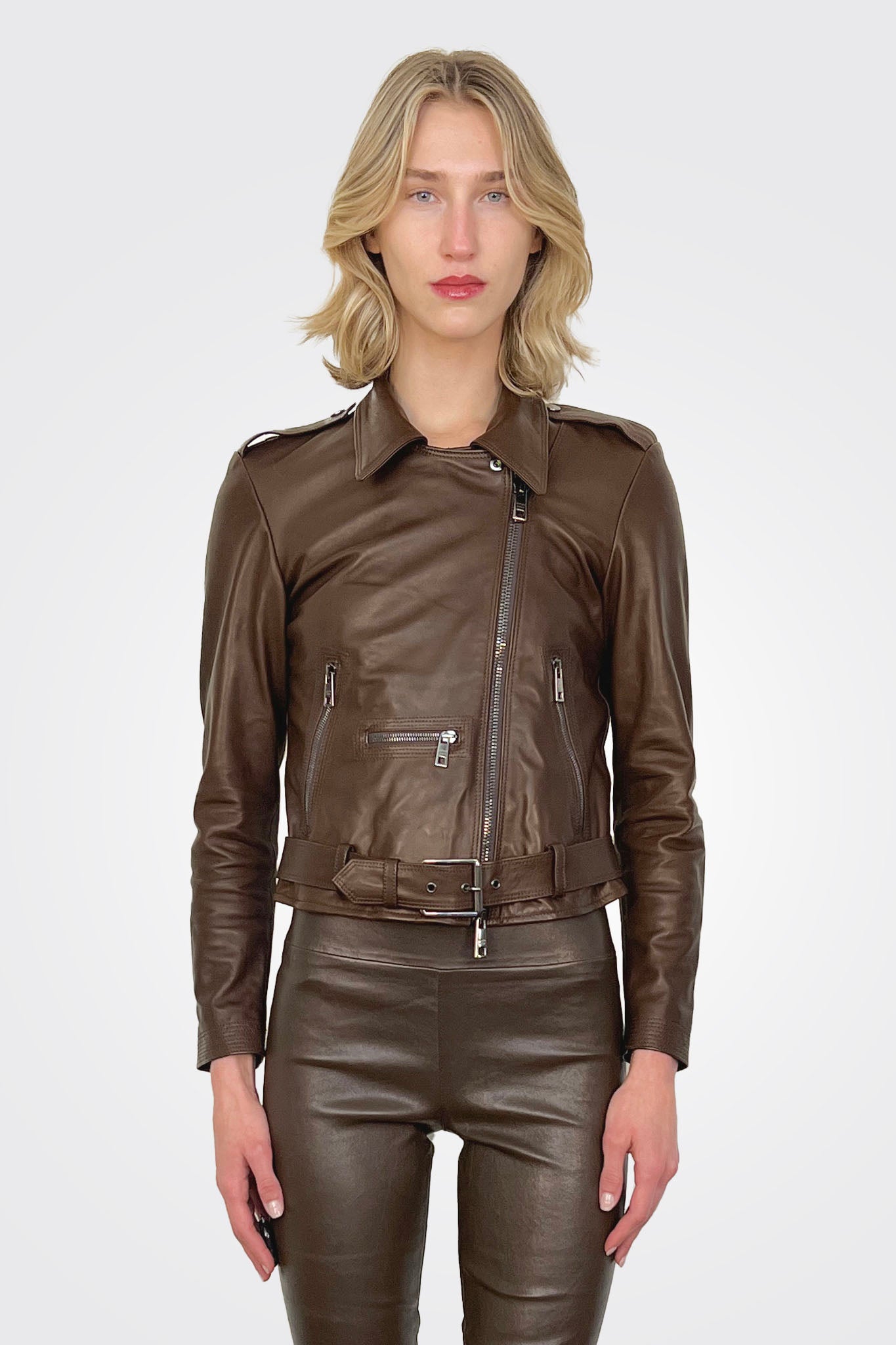 Asym Moto Leather Jacket - Mud Brown by Giorgio Brato — alternate view