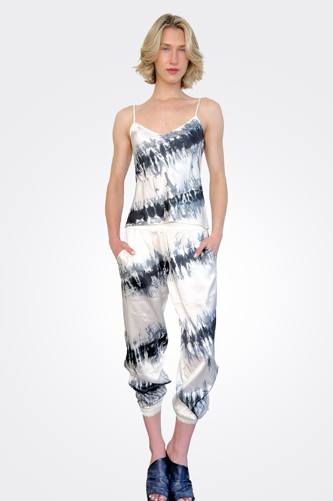 Silk Charmeuse Jogger - Black White Stripe by Michelle Jonas | 25 South Boutiques
