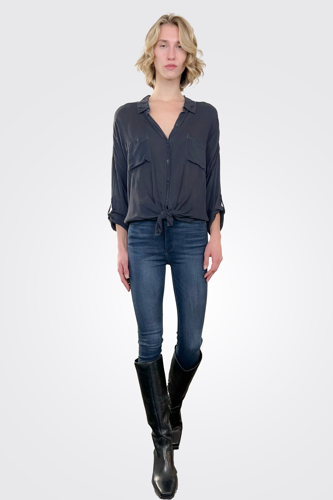Cargo Pocket Tie Front Top - Midnight by Maven West — view 3