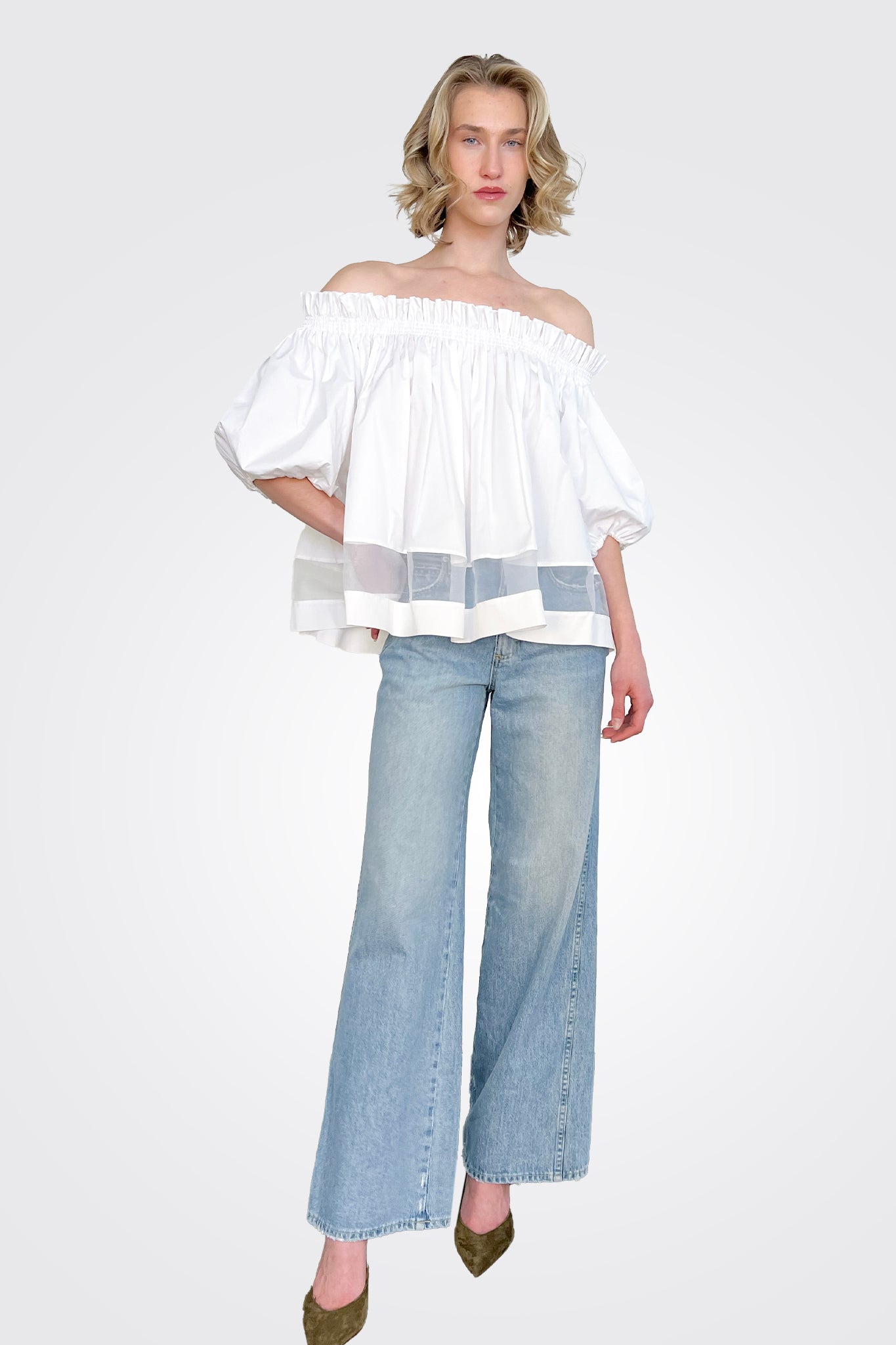 Off Shoulder Puff Sleeve Blouse - White by Milva Mi — view 3