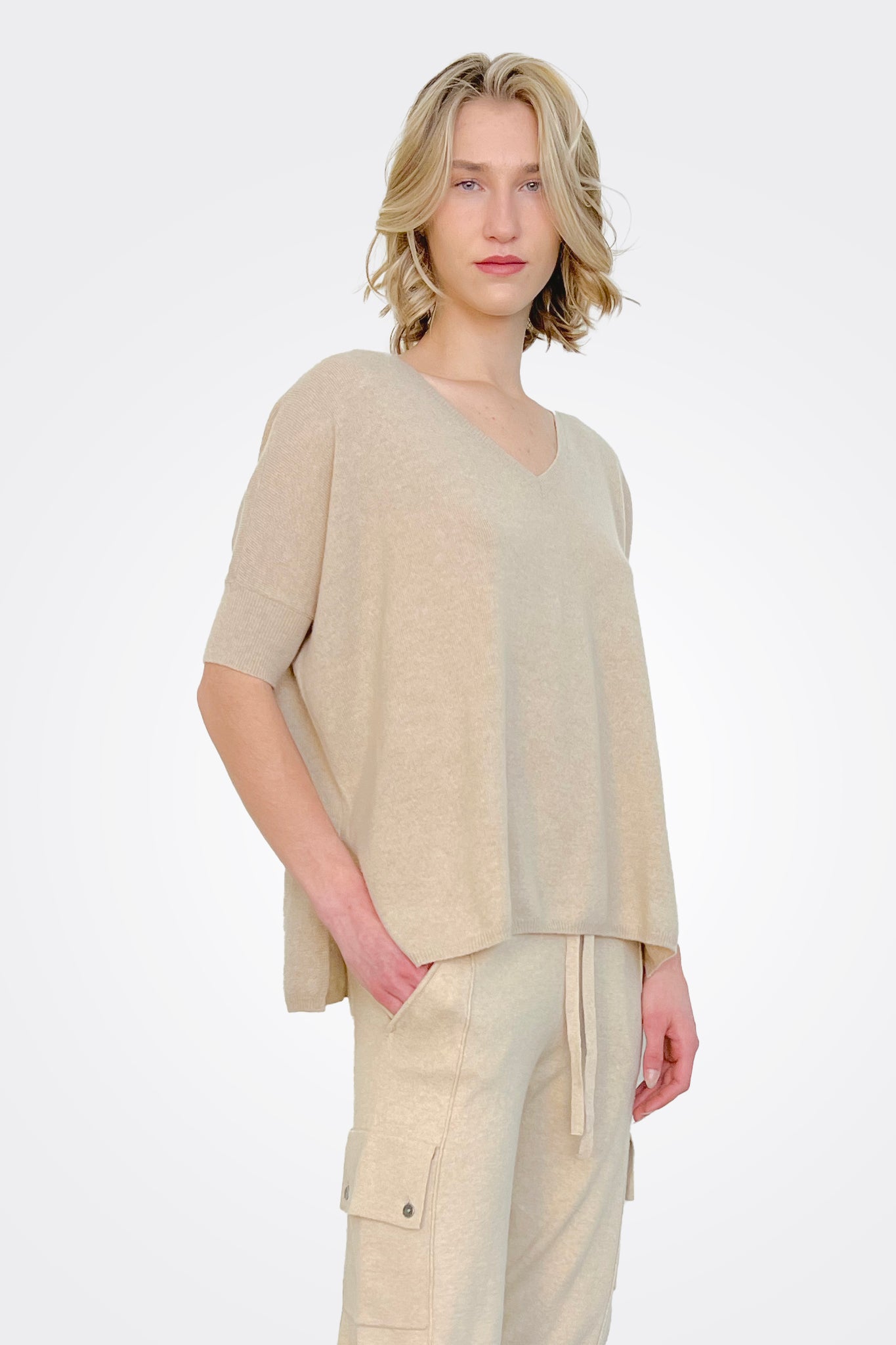 Supima Cotton Cashmere V Neck Sweater - Brown Sugar by Minnie Rose — alternate view