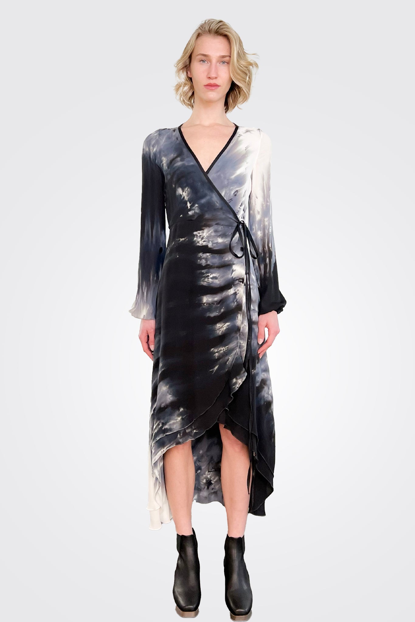 Jennifer Long Sleeve Wrap Dress - Sand Black by Michelle Jonas — view 3