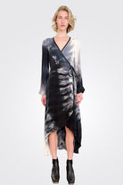 Jennifer Long Sleeve Wrap Dress - Sand Black by Michelle Jonas — view 3