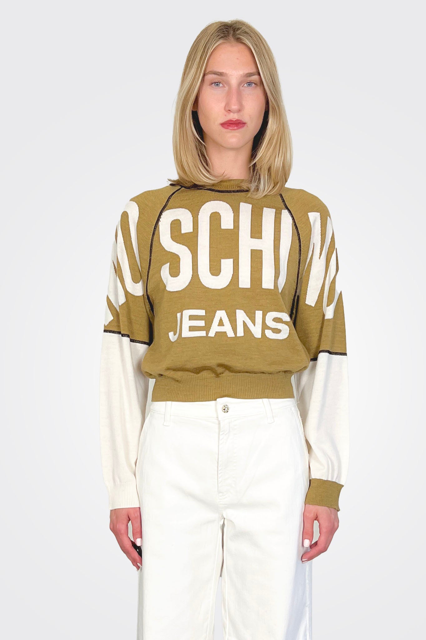 Long Sleeve Name Sweater - Tan White by Moschino | 25 South Boutiques