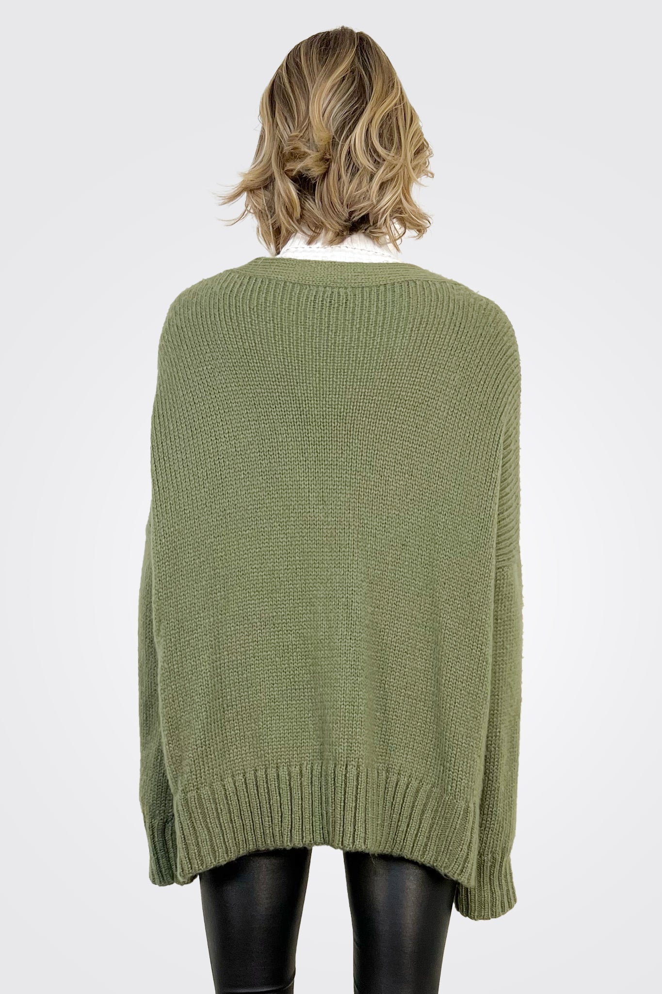 Oversized Low Neck Cardigan - Moss Olive by Wooden Ships — view 3