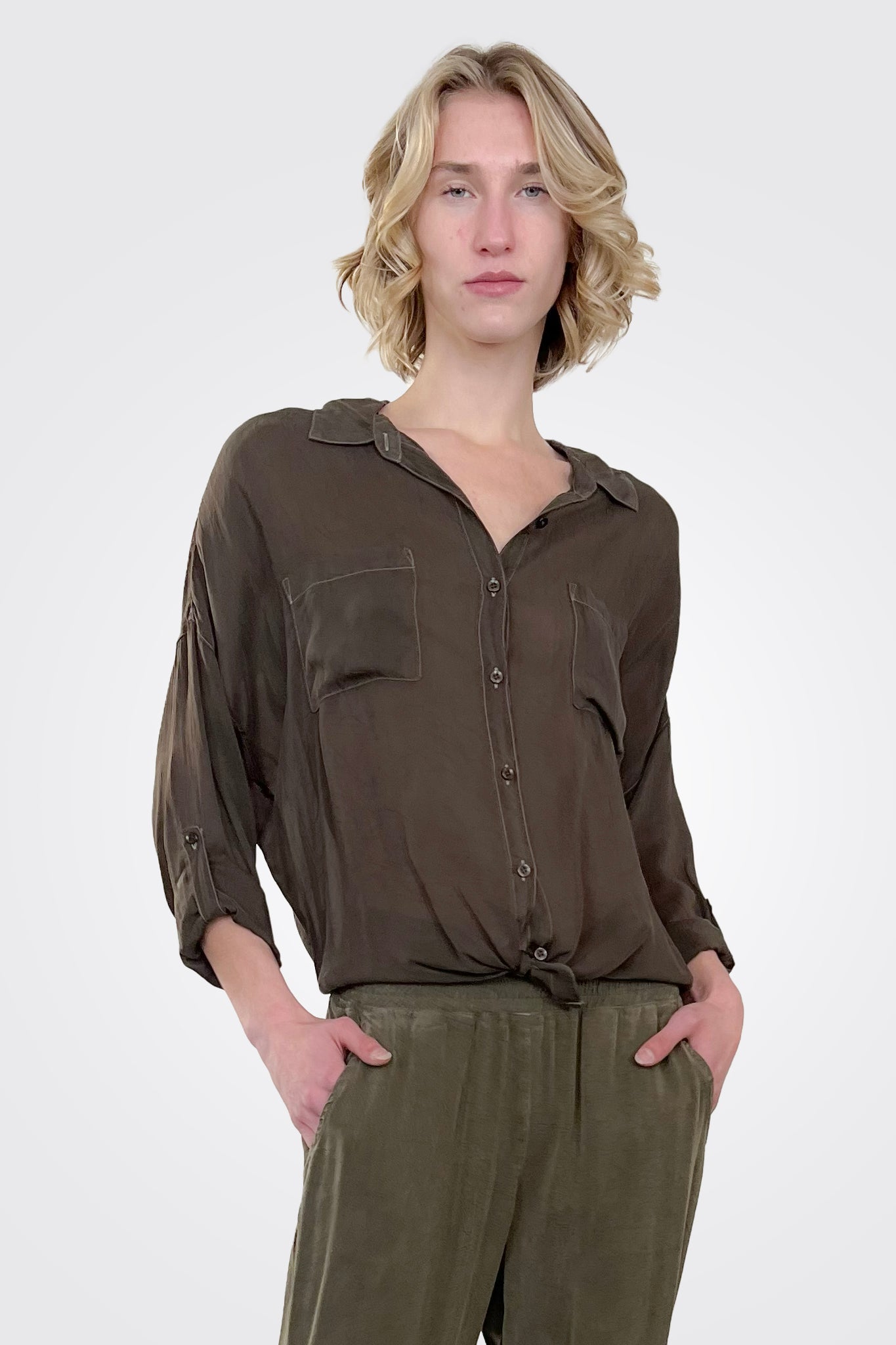 Cargo Pocket Tie Front Top - Moss by Maven West | 25 South Boutiques