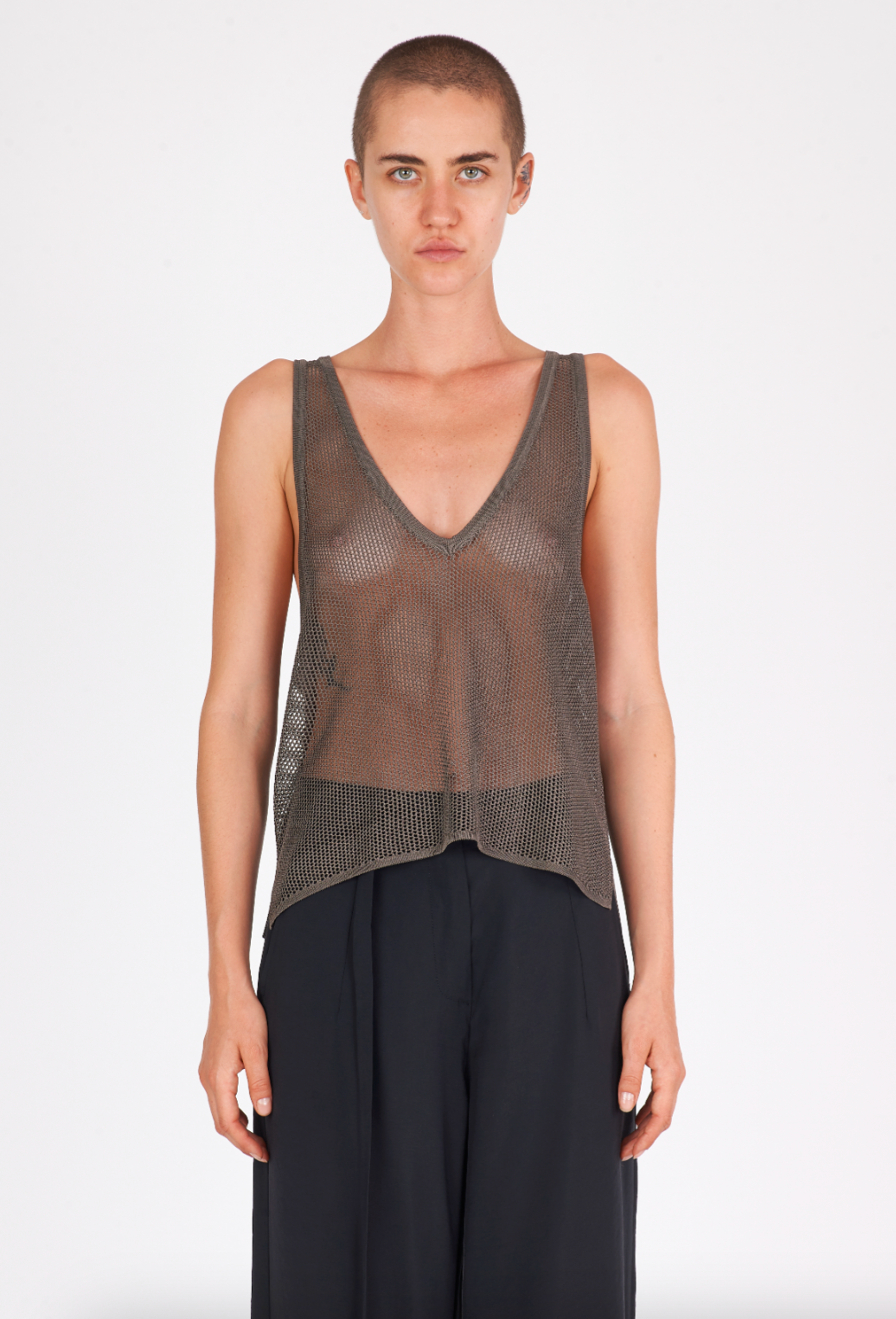 Shiny Viscose Mesh V Neck Tank - Mud by Isabel Benenato | 25 South Boutiques