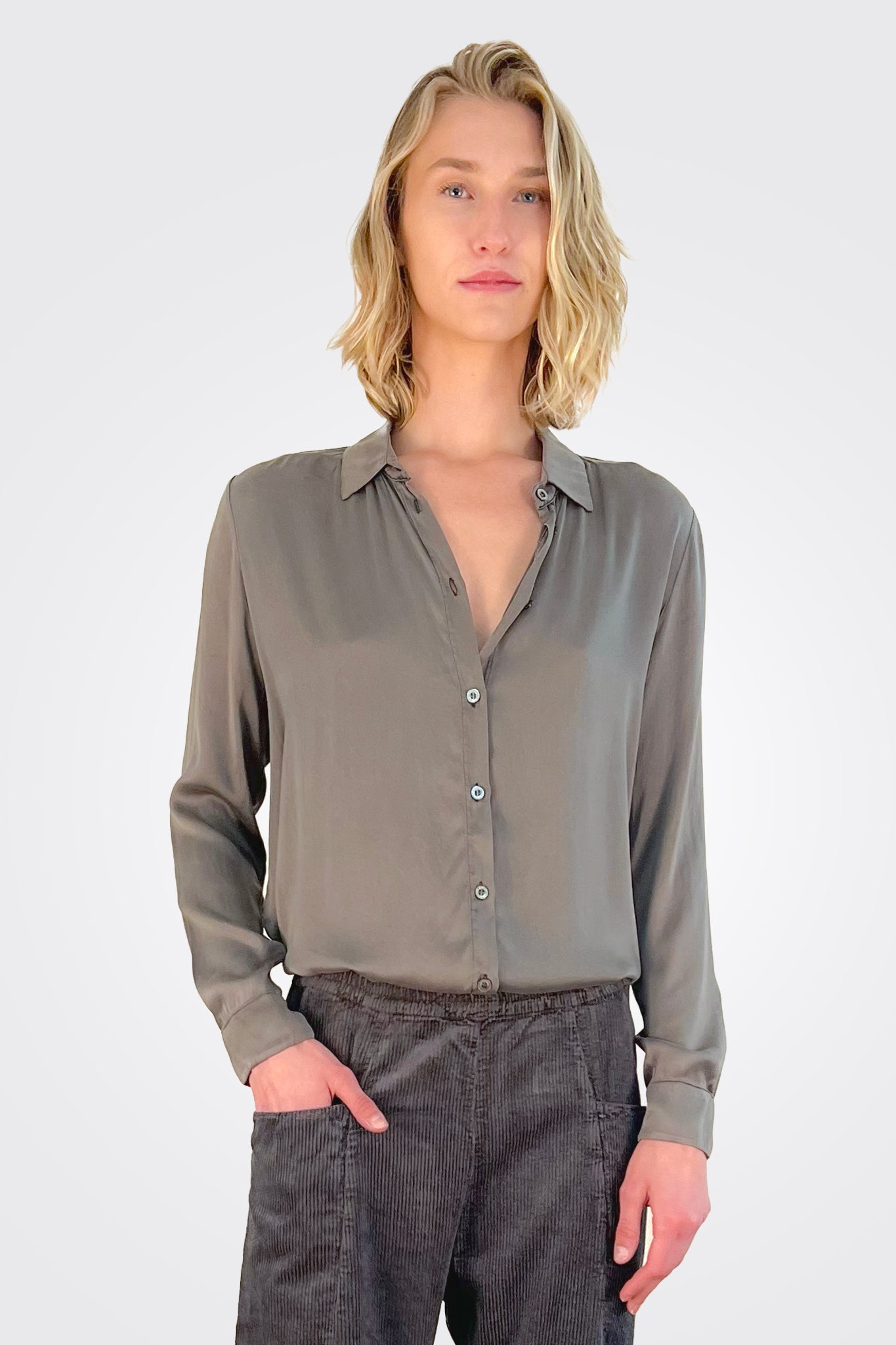 Stretch Satin Silk Shirt - Mud by Transit Par-Such | 25 South Boutiques