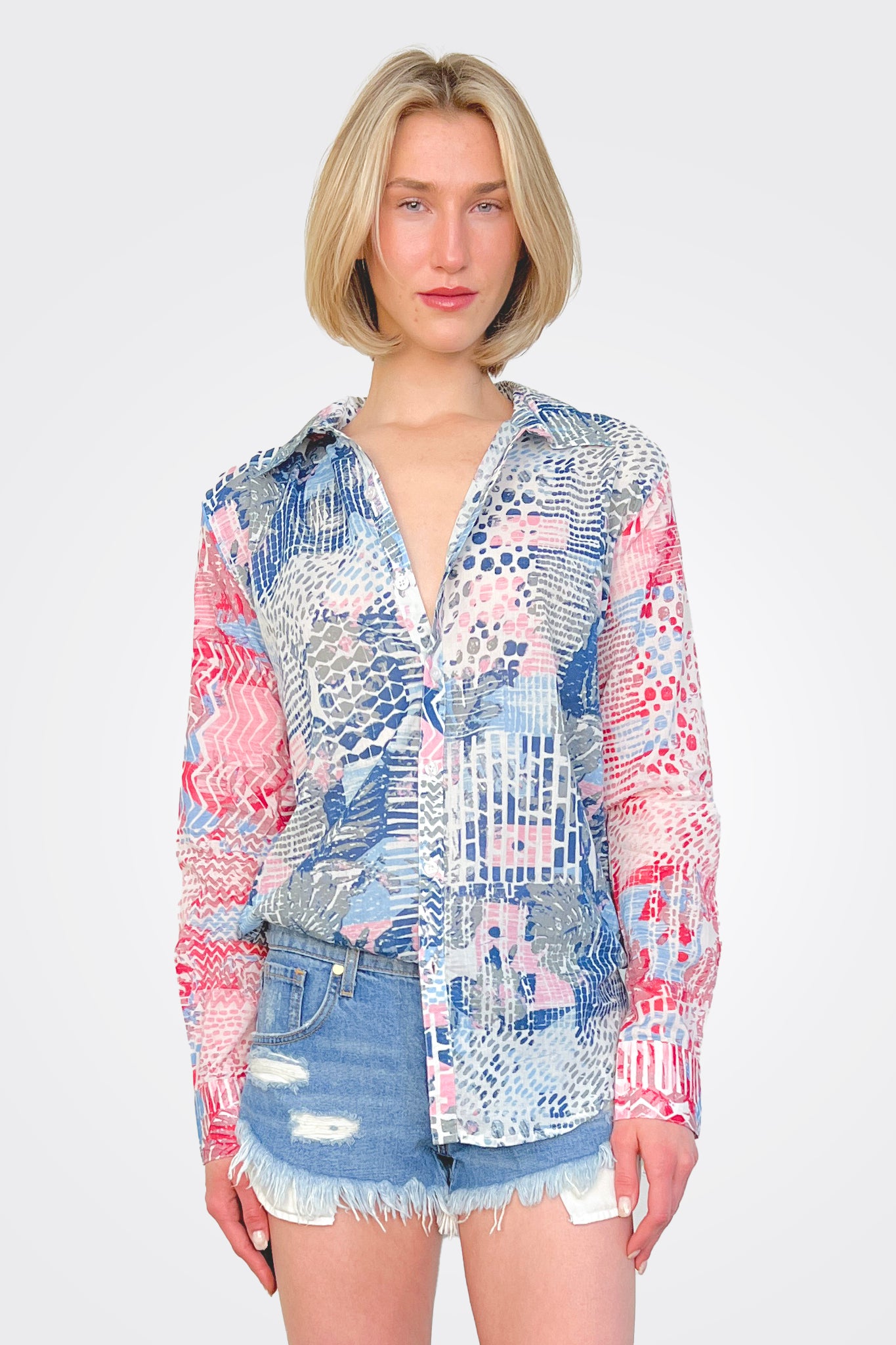 Printed Button Down - Blue Multi by The Nu Vintage | 25 South Boutiques