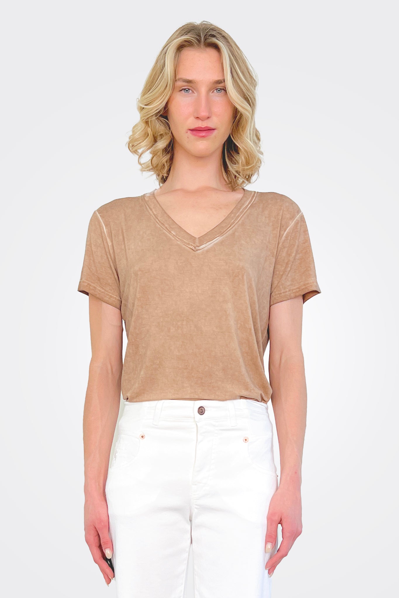 Tenna V Neck Shirt - Camel by Nu Denmark — alternate view