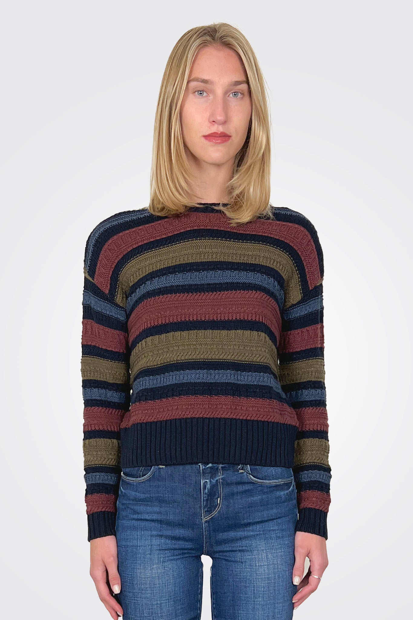 Texture Stitch Striped Crew Sweater - Navy Blue Combo by Autumn Cashmere | 25 South Boutiques
