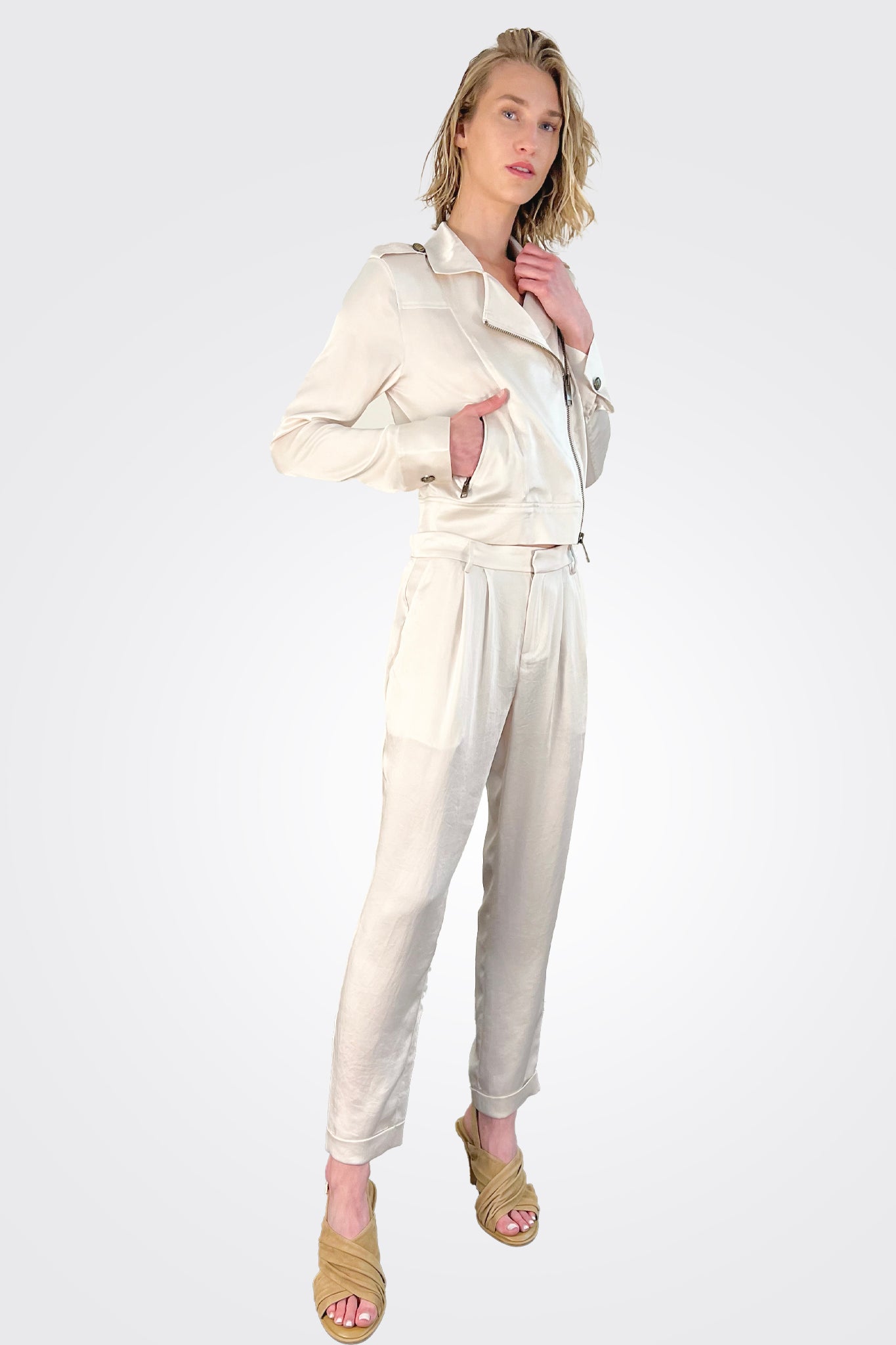 Madelyn Cuffed Crop Satin Pants - Bone by Ramy Brook — alternate view