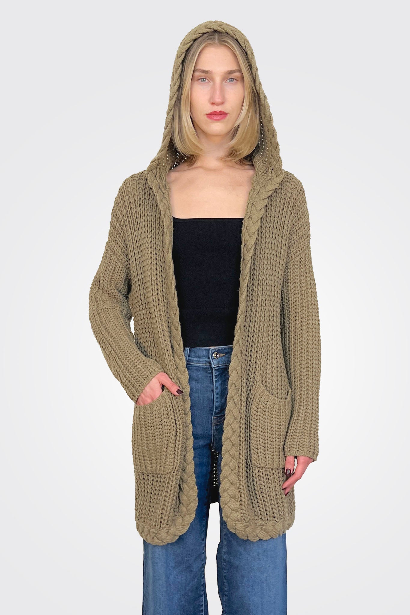Knit Hooded Cardigan - Olive by The Nu Vintage — alternate view