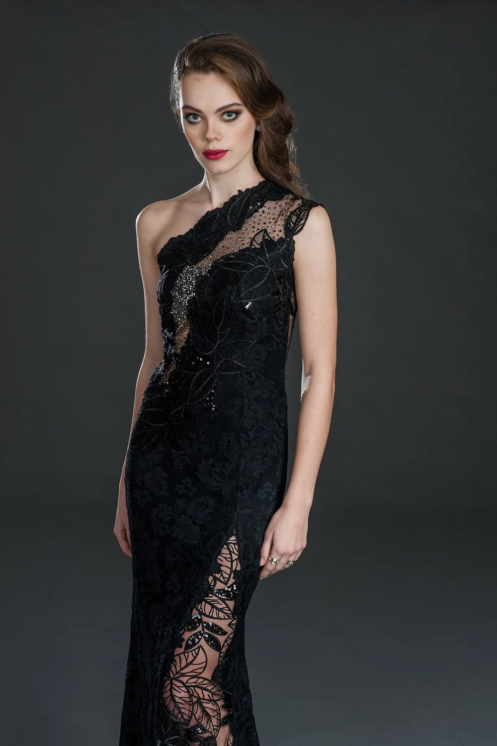 Embellished One Shoulder Gown - Black by Olvi's — view 3